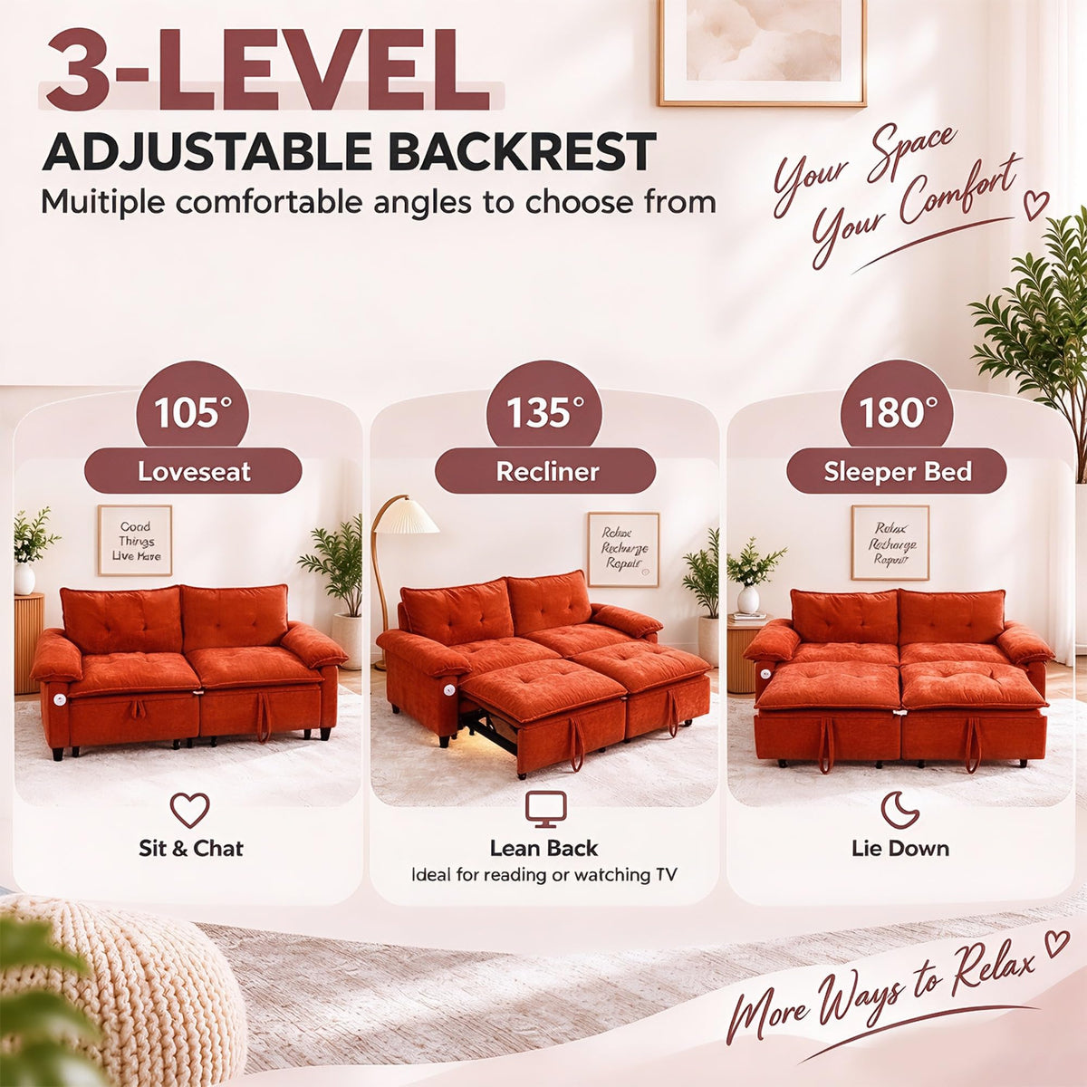 73 Inch Queen Sleeper Sofa Bed, 3 in 1 Convertible Pull Out Loveseat, Chenille Upholstered Sofa with USB Charging Ports & Side Storage Pockets, Modern Small Couch for Apartment, Living Room (Orange)