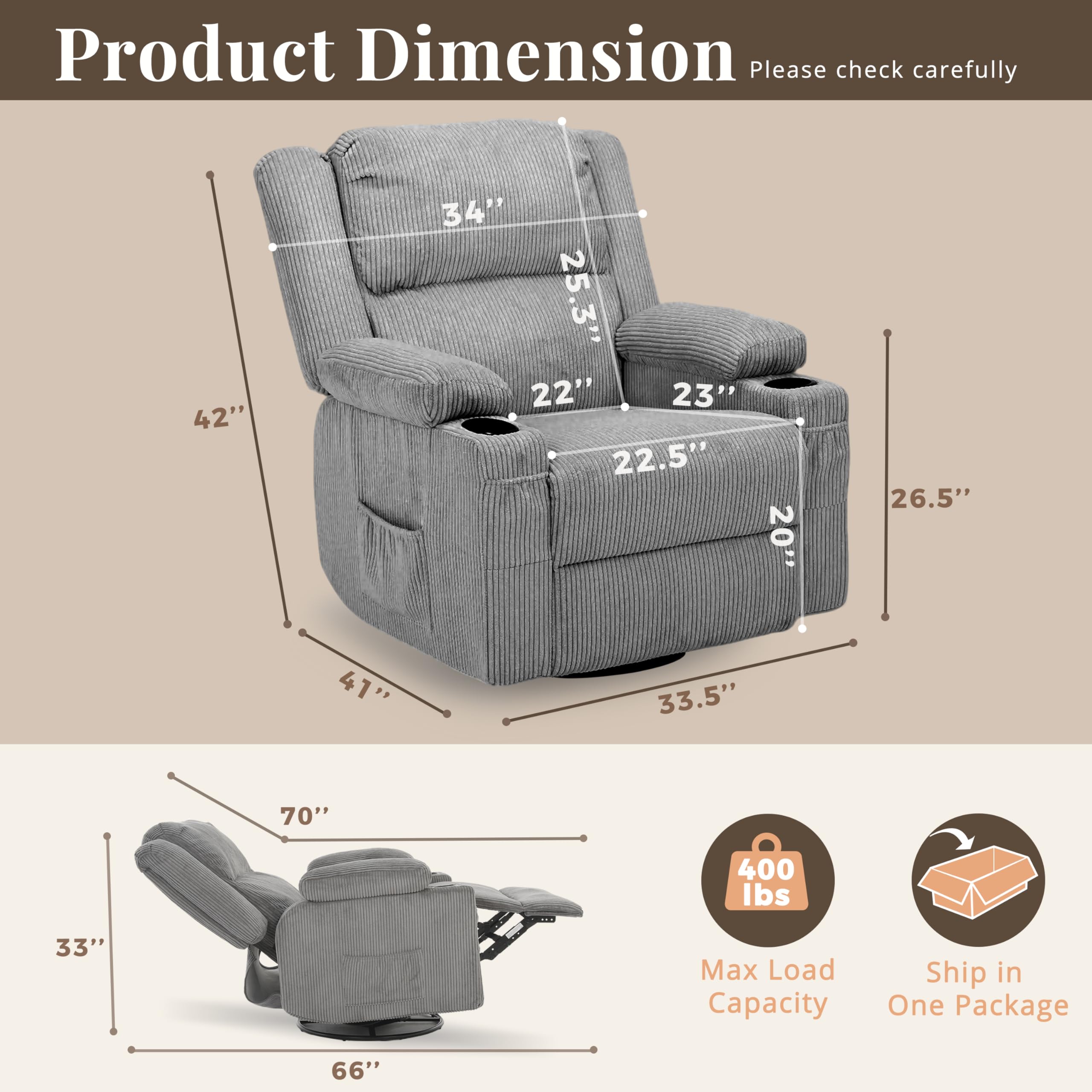 IKAKOS 360 Degree Swivel Rocker Recliner Chair with Heat and Massage, Soft Corduroy Manual Reclining Nursery Glider with USB Port, 2 Cup Holders & 4 Storage Pockets, 400lbs Capacity (Grey)