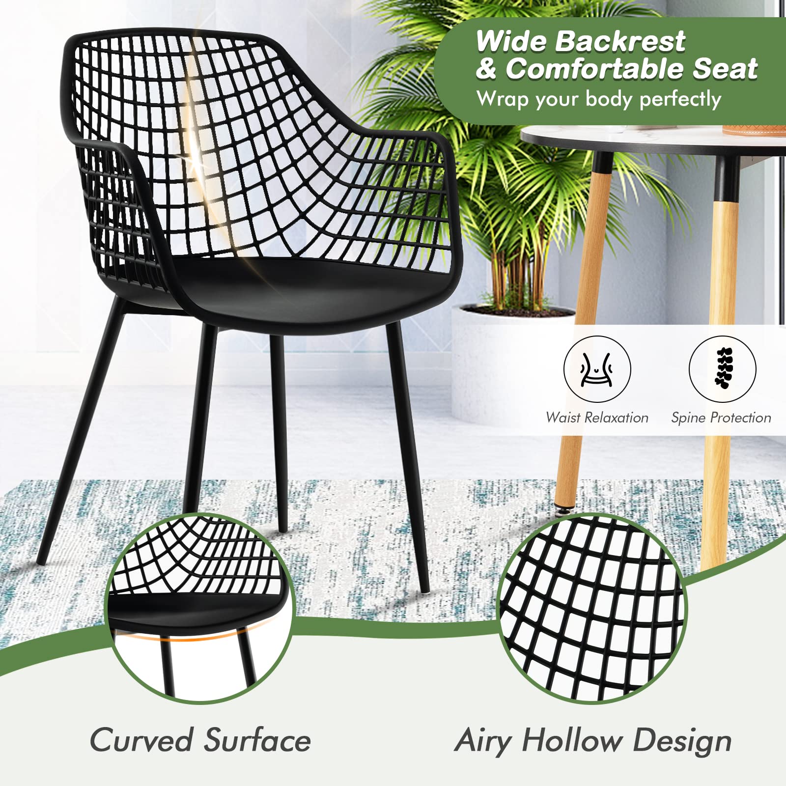 Giantex Modern Dining Chairs Set of 4 - Black Arm Chair with 15" High Backrest, Powder-Coated Metal Legs, Anti-Slip Foot Pads, Max Load 265 lbs, Kitchen Dining Room