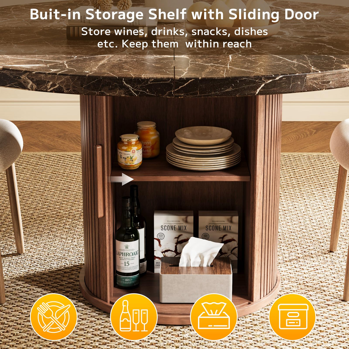 Round Faux Marble Dining Table with Storage