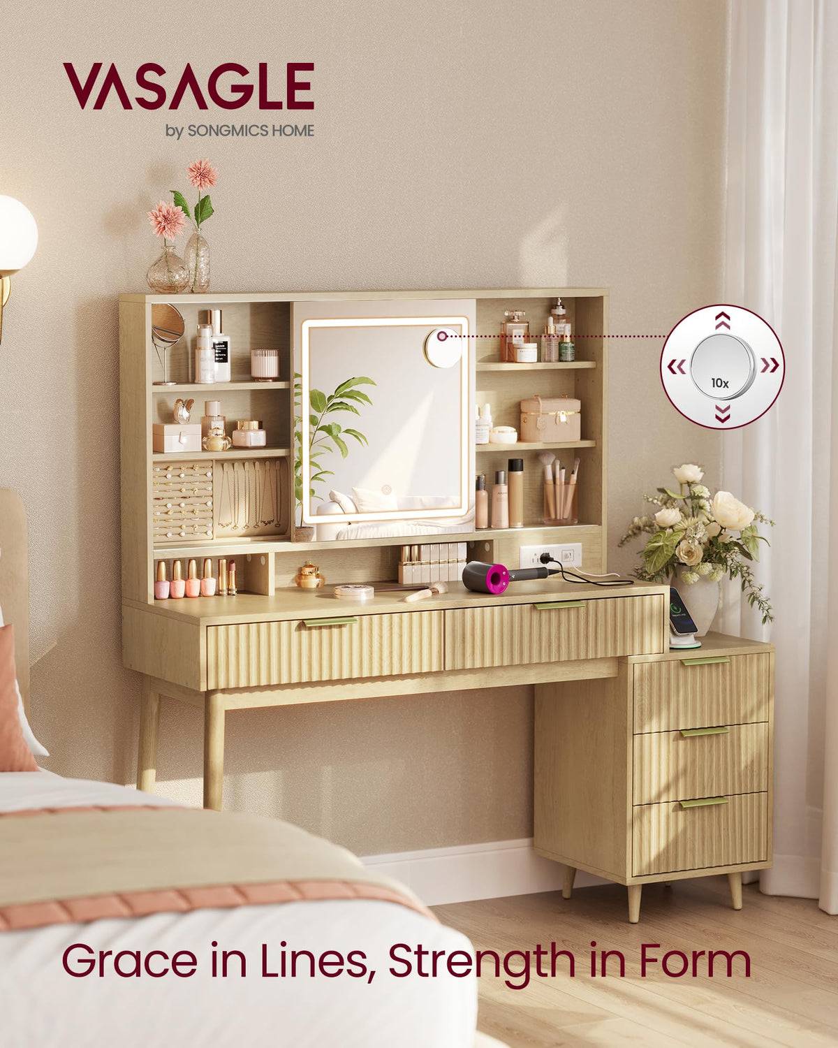 Fluted Vanity Desk with Lighted Sliding Mirror
