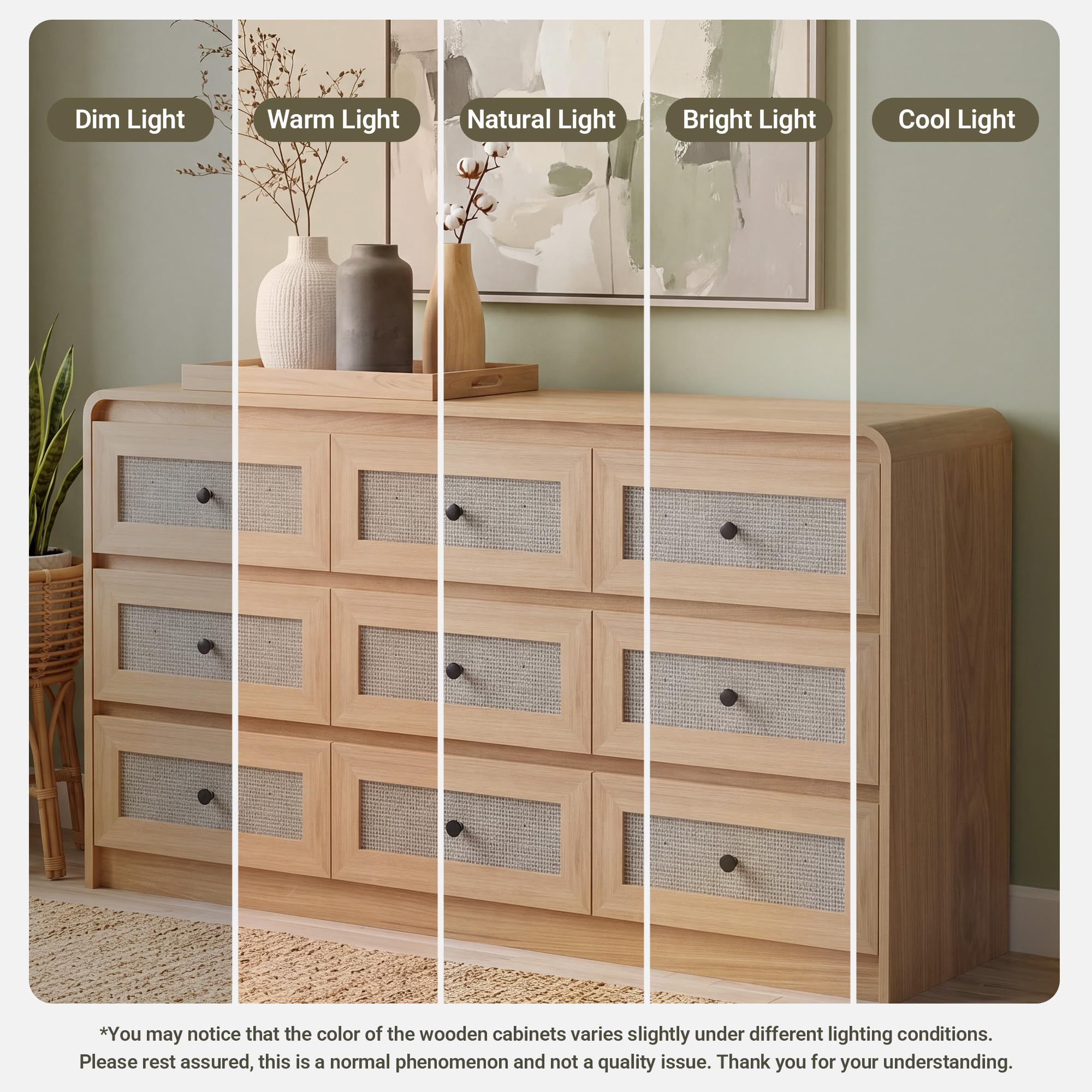 Seang Rattan 9 Drawer Dresser for Bedroom,55" Boho Chest of Drawers with Curved Profile Design,Wooden Dresser with Storage for Bedroom,Living Room,Natural