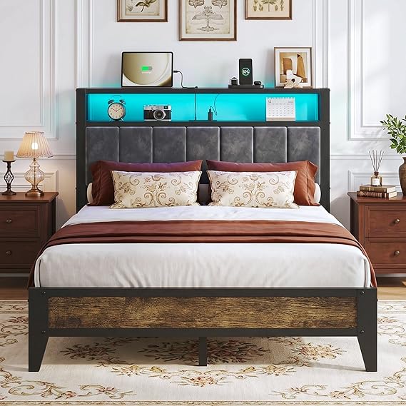 Metal Platform Bed with LED & Charging Station