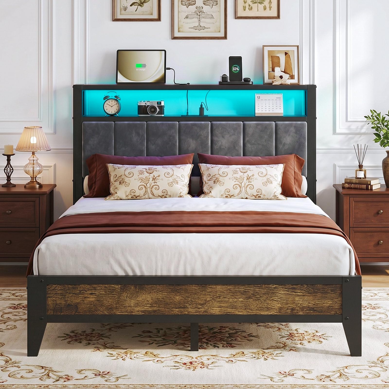 Metal Platform Bed with LED & Charging Station