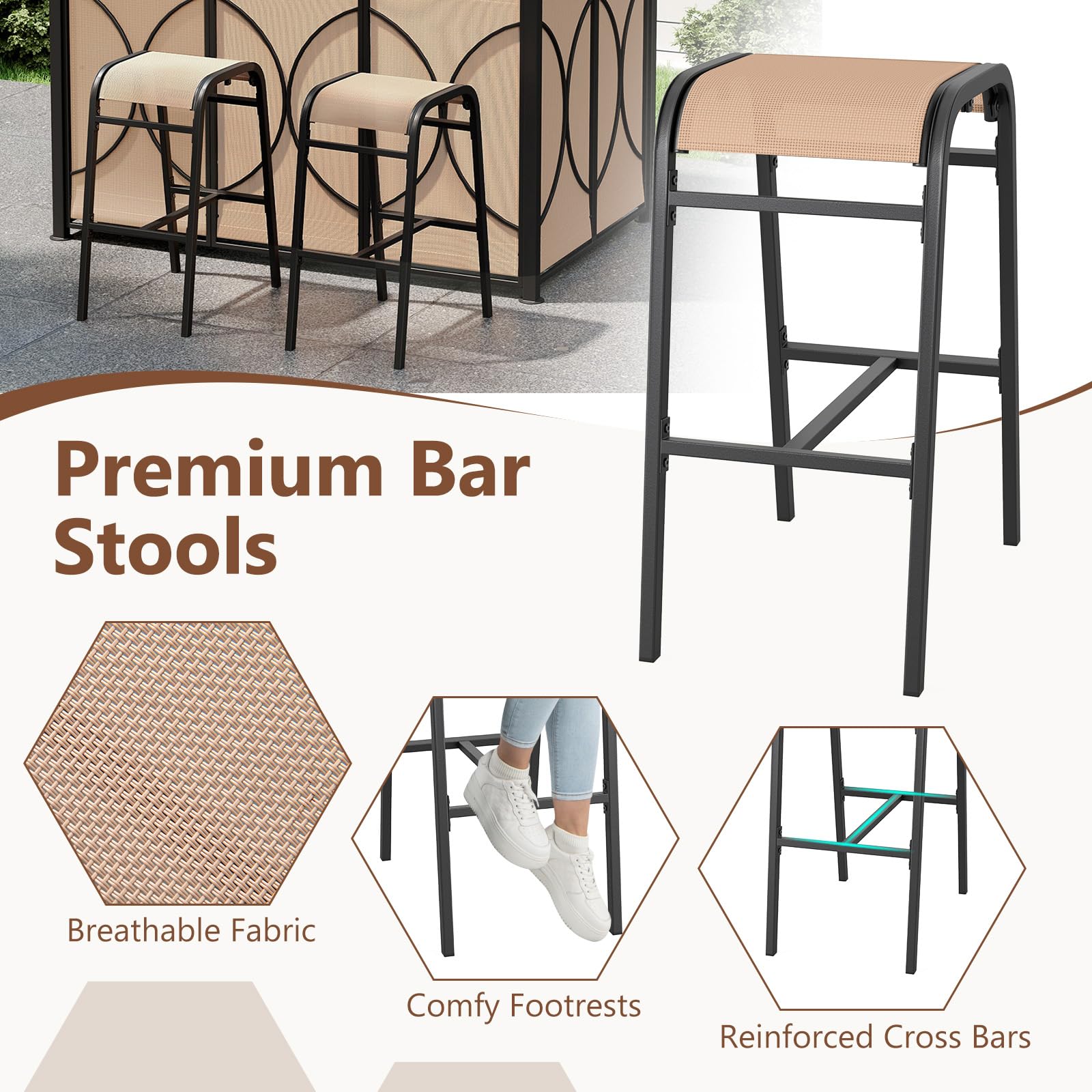 Tangkula 3-Piece Patio Bar Set, Grill Gazebo & 2 Bar Stools with Tempered Glass Bar Table, Metal Storage Shelves, Glass Holders, Double-Tier Soft Top Canopy BBQ Gazebo Shelter for Patio Garden (Brown)