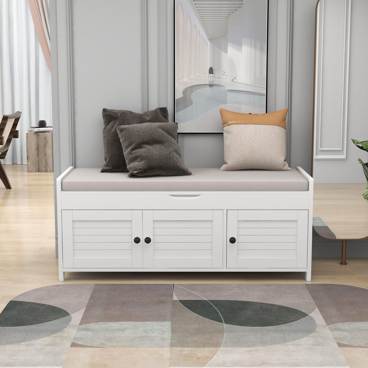 GDFStudio Rustic Storage Bench with 3 Shutter Shaped Doors Removable Cushion Rectangular Storage Ottoman Cabinet Foot Rest Stool Wood Shoe Bench Seating for Entryway Living Room, White