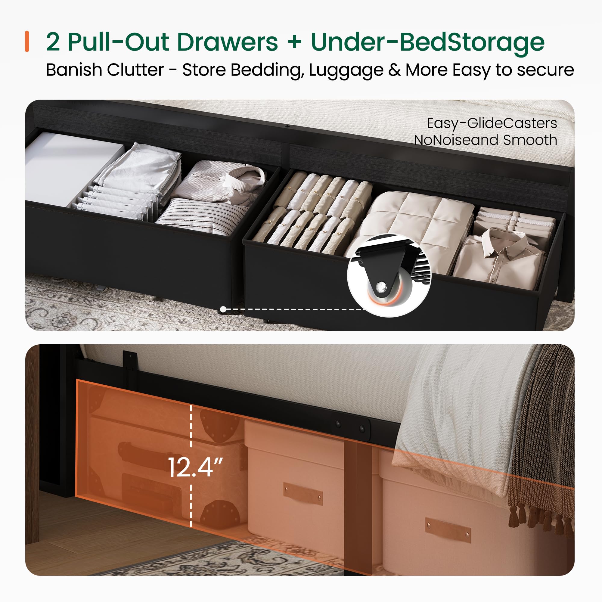 LARMACE Queen Size Bed Frame with 2 Storage Drawers, Upholstered Headboard, LED Light & Charging Station, Metal Platform Bed Frame, No Box Spring Needed, Easy Assembly, Black Oak