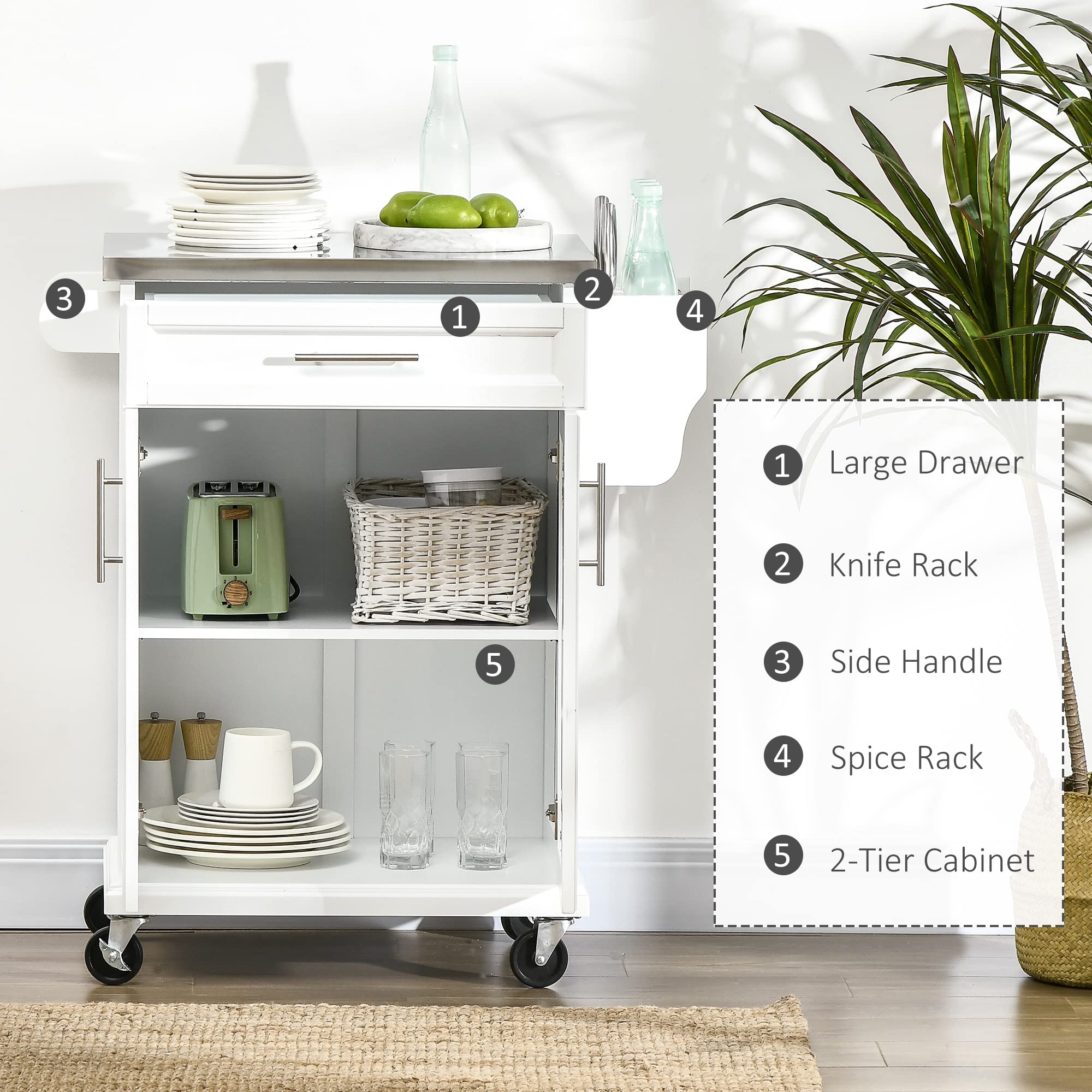 Rolling Kitchen Island with Stainless Steel Countertop