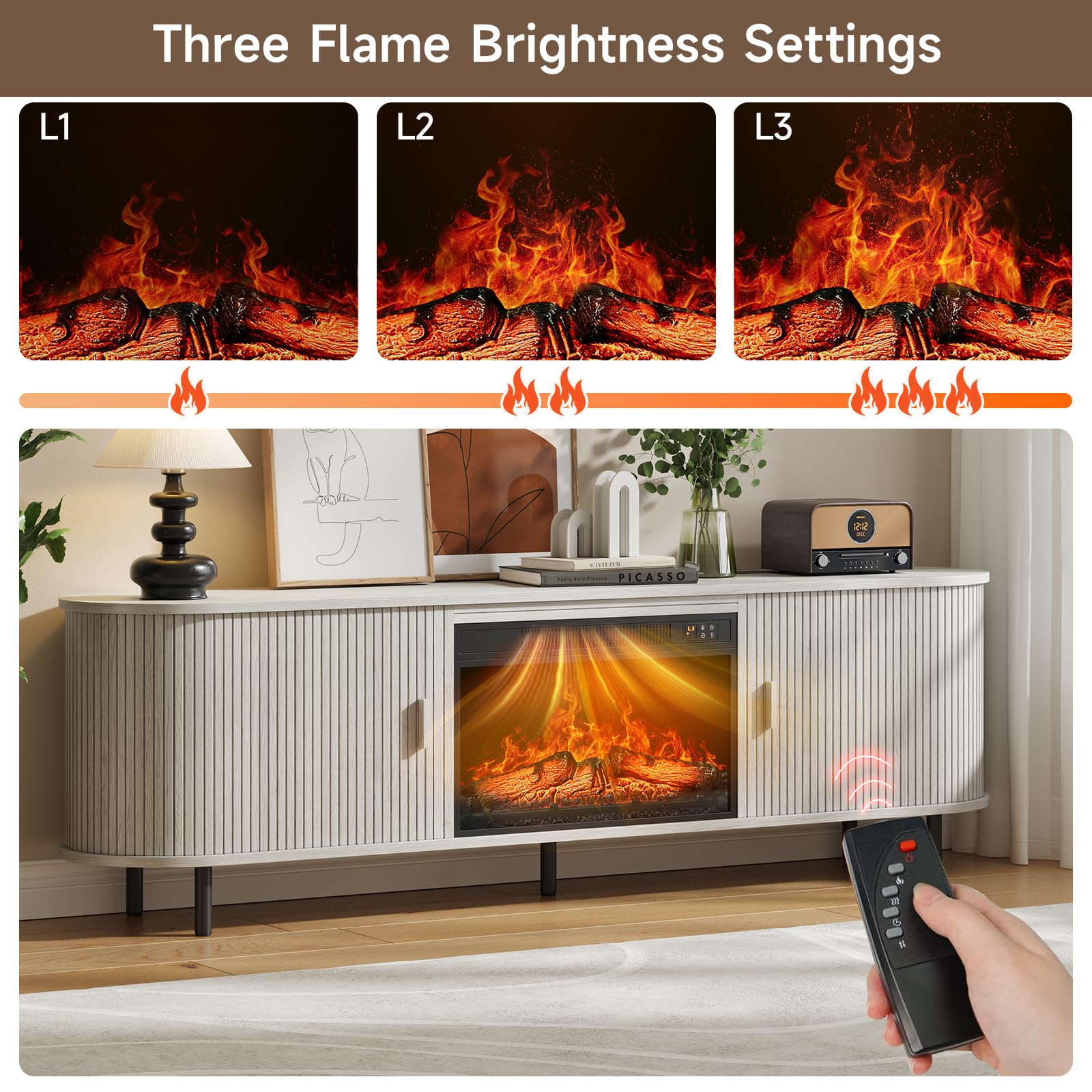 70.8" Fluted Fireplace TV Stand with 23" Electric Fireplace