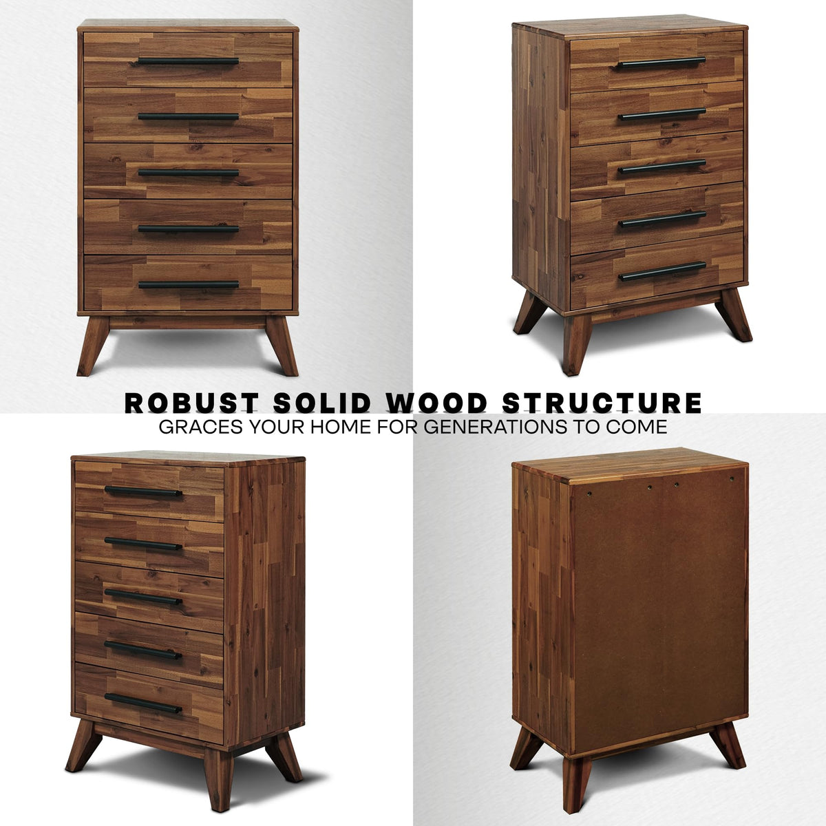 Acacia Linea 26" 5-Drawer Solid Wood Dresser, Chest of Drawers, Walnut
