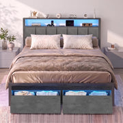 Aelawe Full Bed Frame with 2 Storage Drawers, Metal Platform Bed with LED Lights and Charging Station, Upholstered Headboard with 2-Tier Storage Shelf, Noise Free, No Box Spring Needed