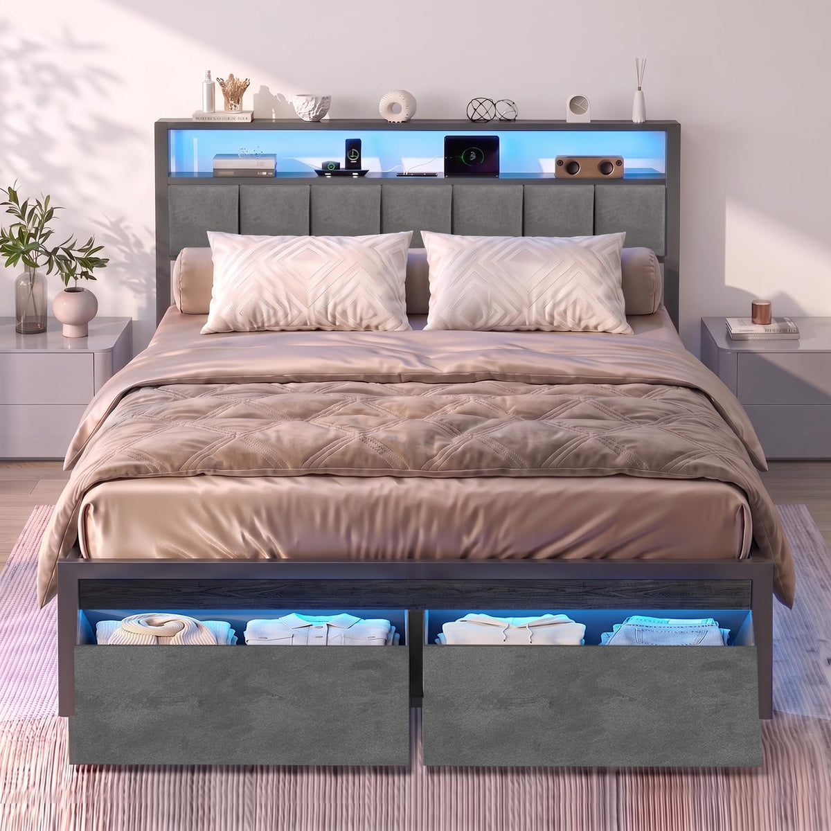 Aelawe Full Bed Frame with 2 Storage Drawers, Metal Platform Bed with LED Lights and Charging Station, Upholstered Headboard with 2-Tier Storage Shelf, Noise Free, No Box Spring Needed