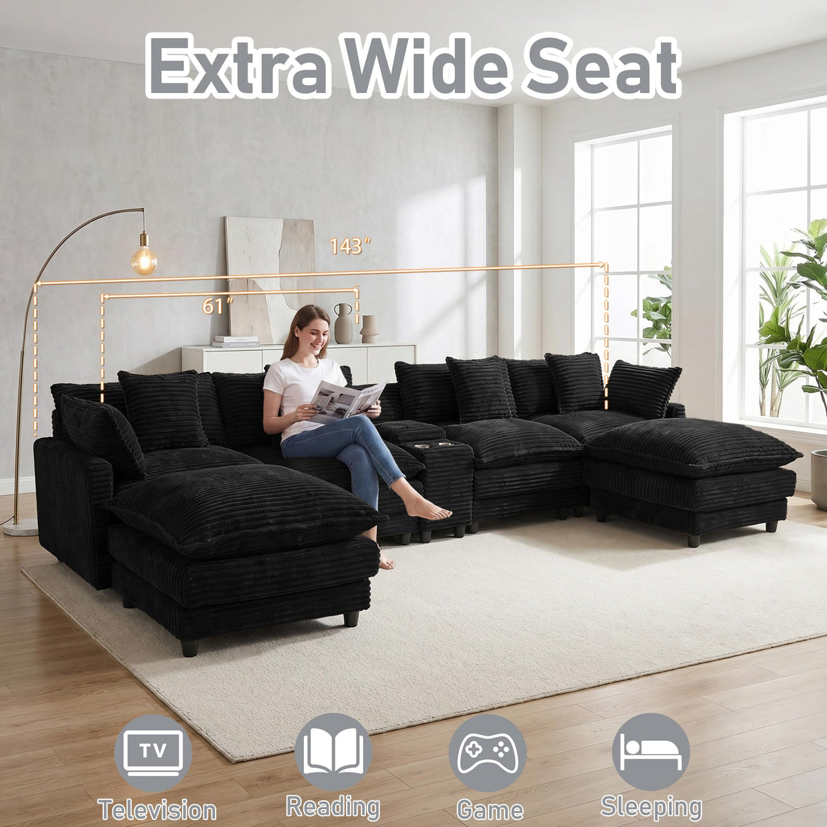 ONEMMLION 143" Oversized U-Shaped Cloud Sectional Sofa, Black