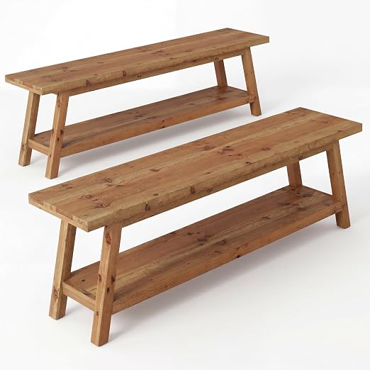 Farmhouse Solid Wood Dining Bench with Storage Shelf