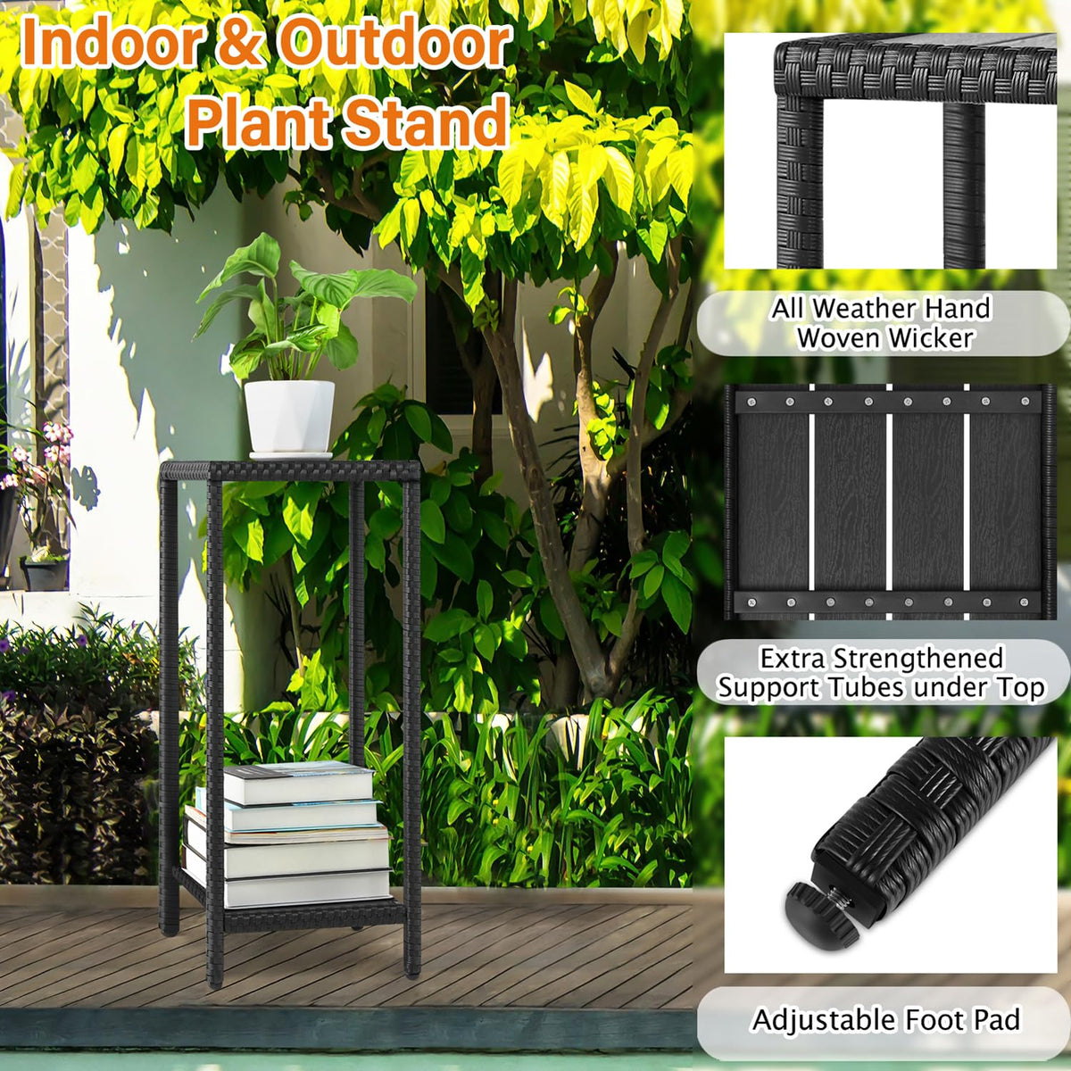 Outdoor Plant Stand 2 Tier Shelf for Patio Flower Pot Planter Stand Holder with Wicker Poly Lumber Shelves 31" Tall Corner Plant Display Rack with Adjustable Feet Heavy Duty for Balcony Porch Black
