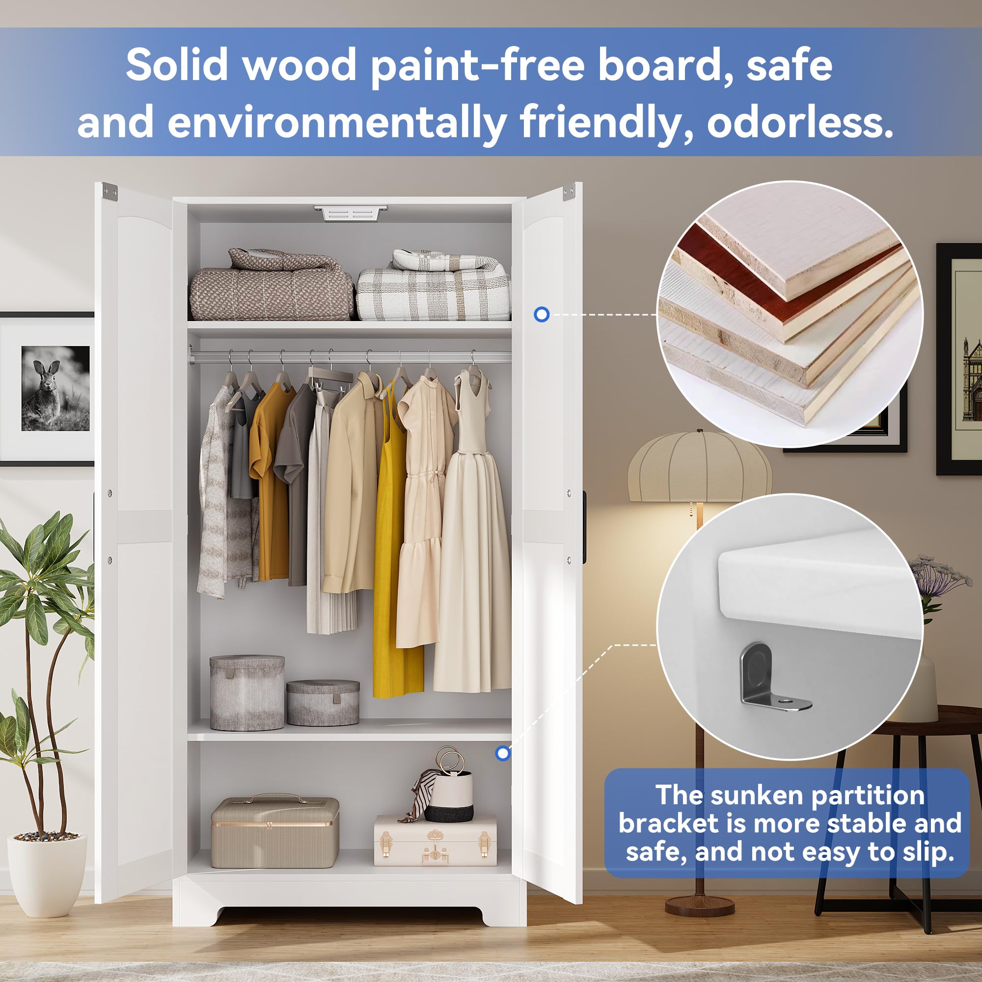 Wooden Armoire Wardrobe Closet, Wardrobe Cabinet with Door and Shelves, Freestanding Bedroom Armoires Clothing Storage Cabinet with Hanging Rod for Bedroom, Laundry Room, Cloak Room（White）