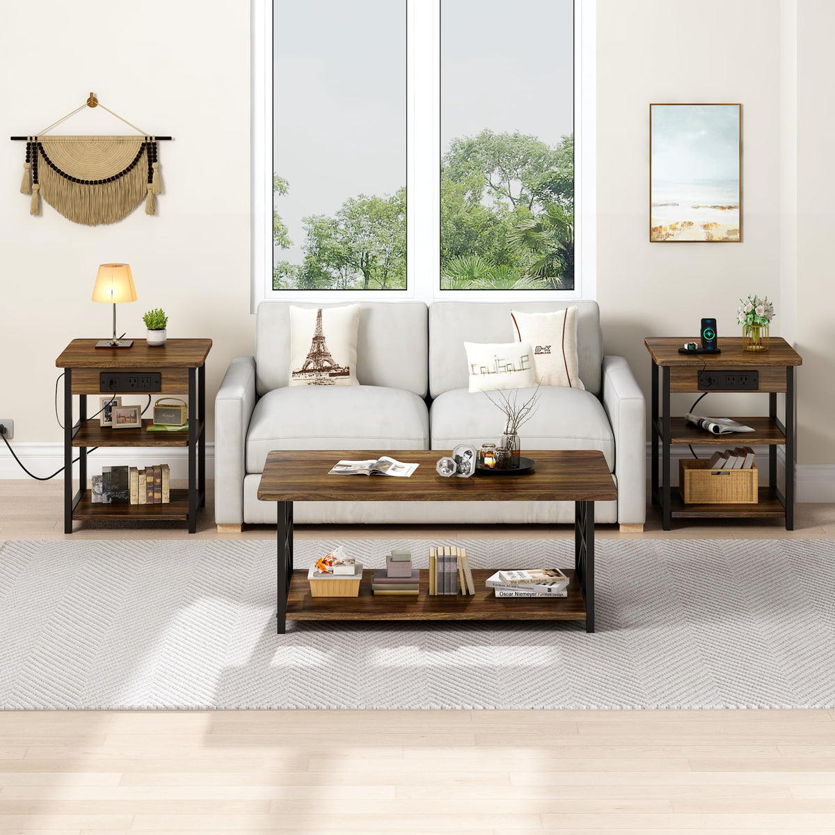 AWQM 3 Piece Coffee Table Set,End Table with Charging Station(Walnut)