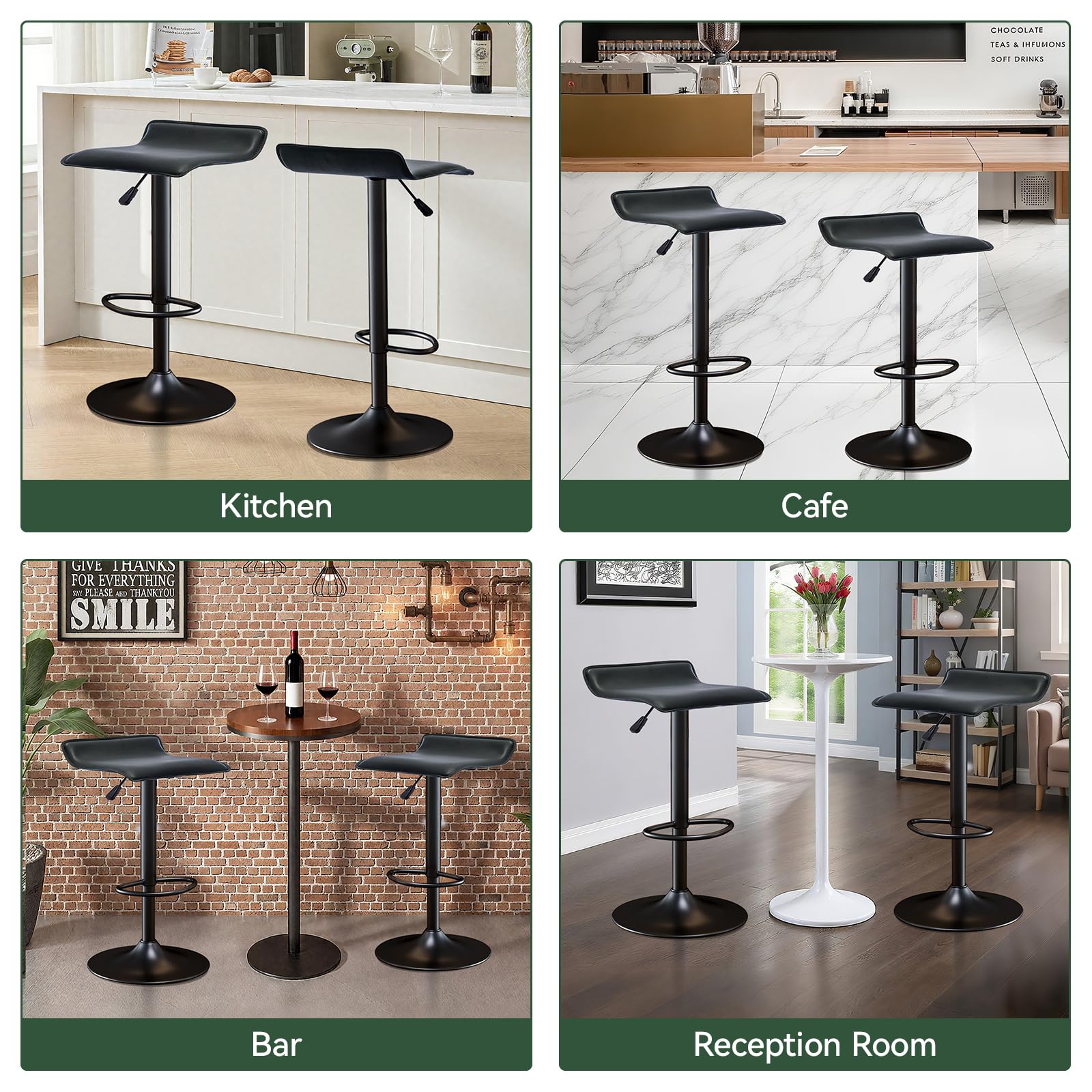 Vogue Furniture Direct Adjustable Bar Stools Set of 2, Modern Swivel PU Leather Airlift Barstools, Backless Kitchen Counter Height Bar Chair for Dining Room (Black, Black Base)