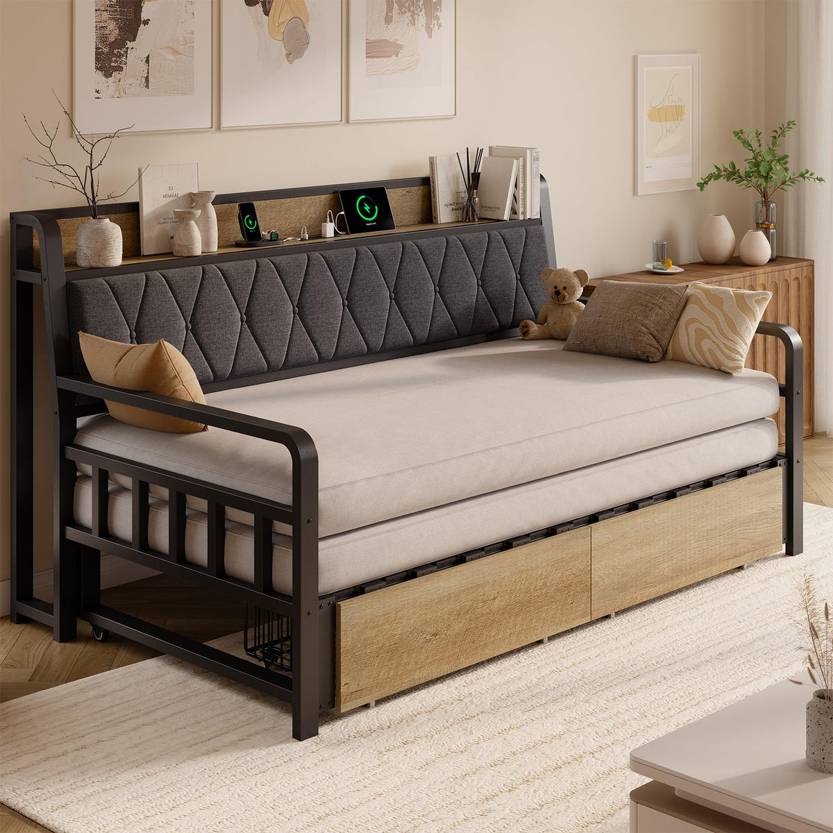 ONBRILL Twin Daybed with Pop up Trundle, Twin to King Daybed, Black
