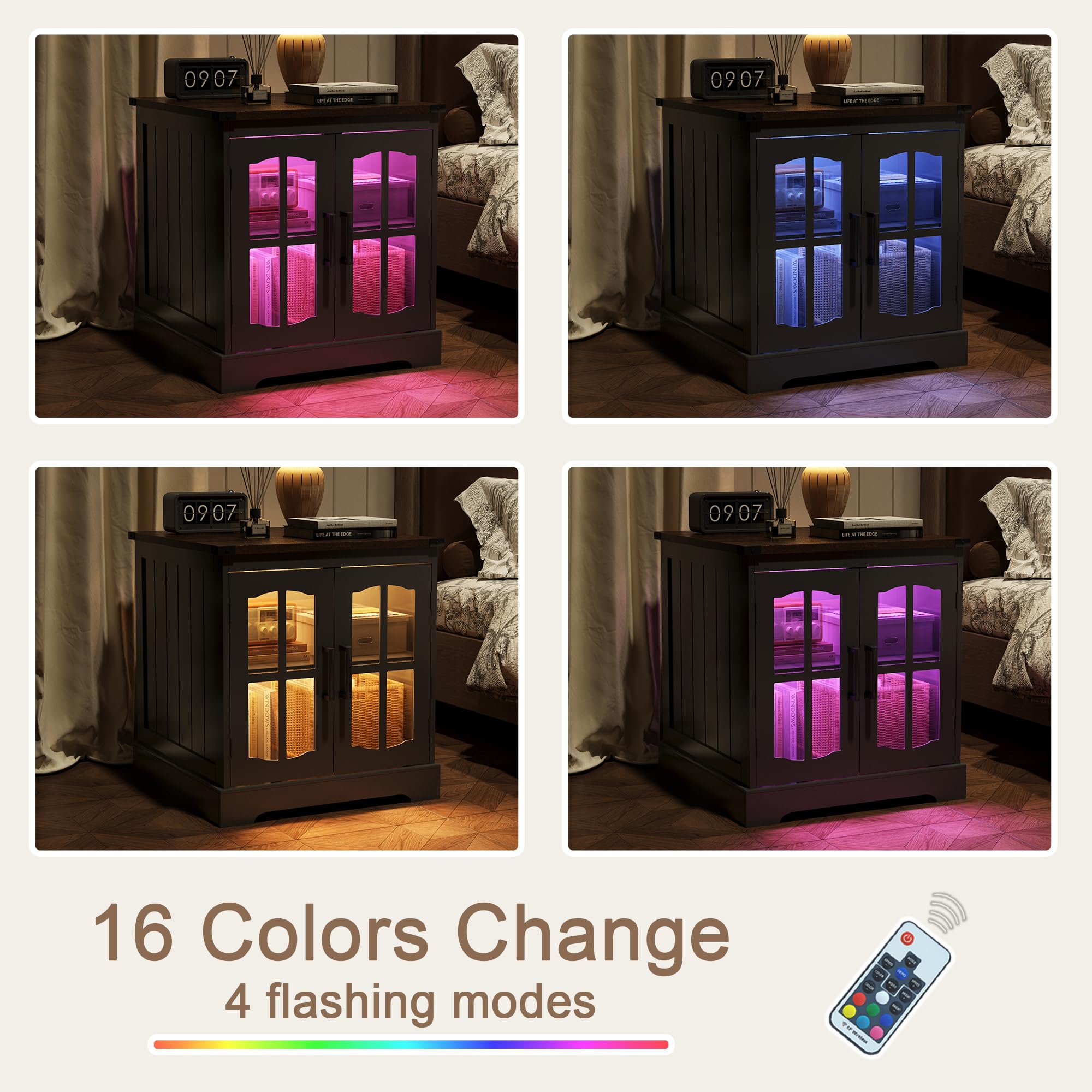 Rustic End Table with Charging Station & LED Light