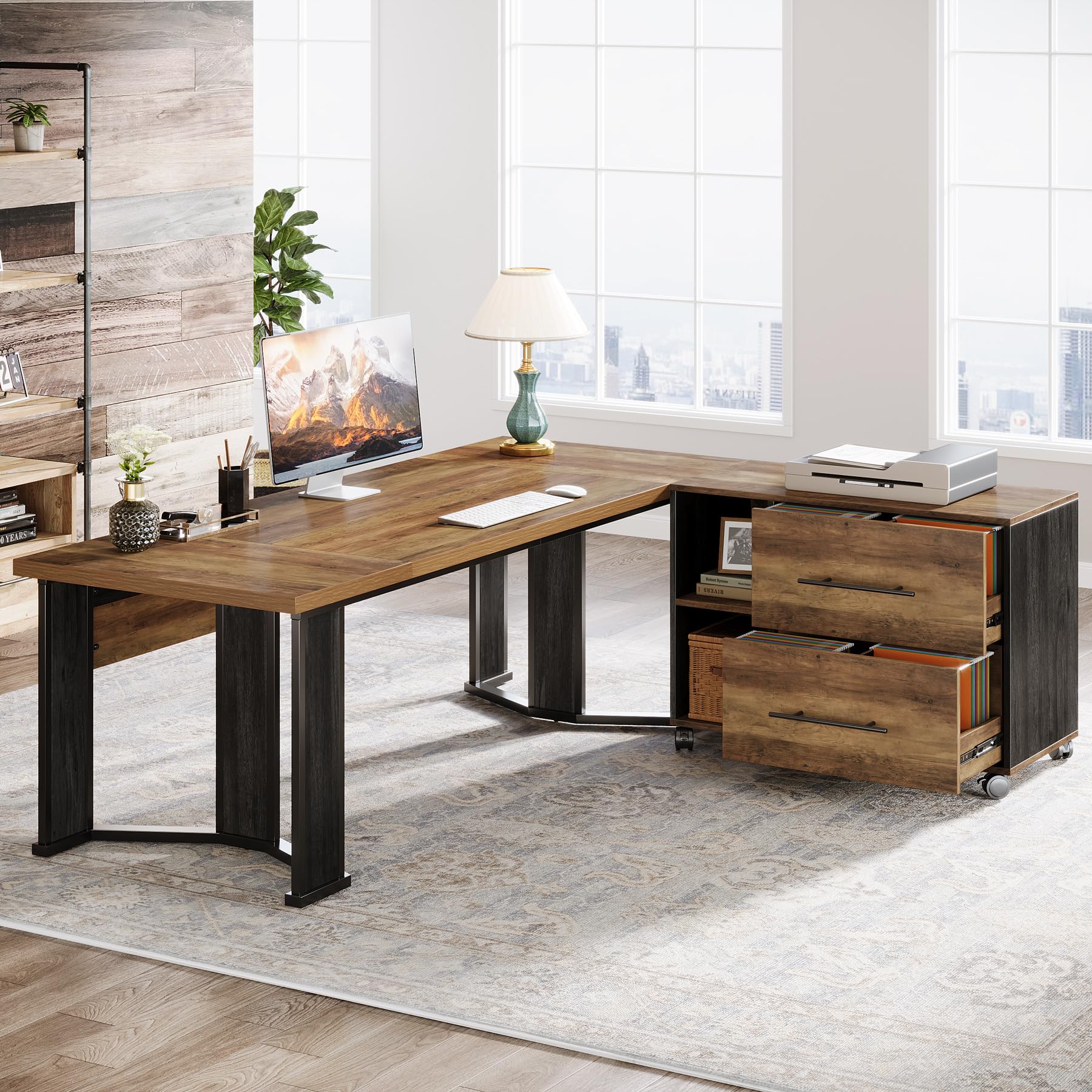 L-Shaped Executive Desk with File Cabinet