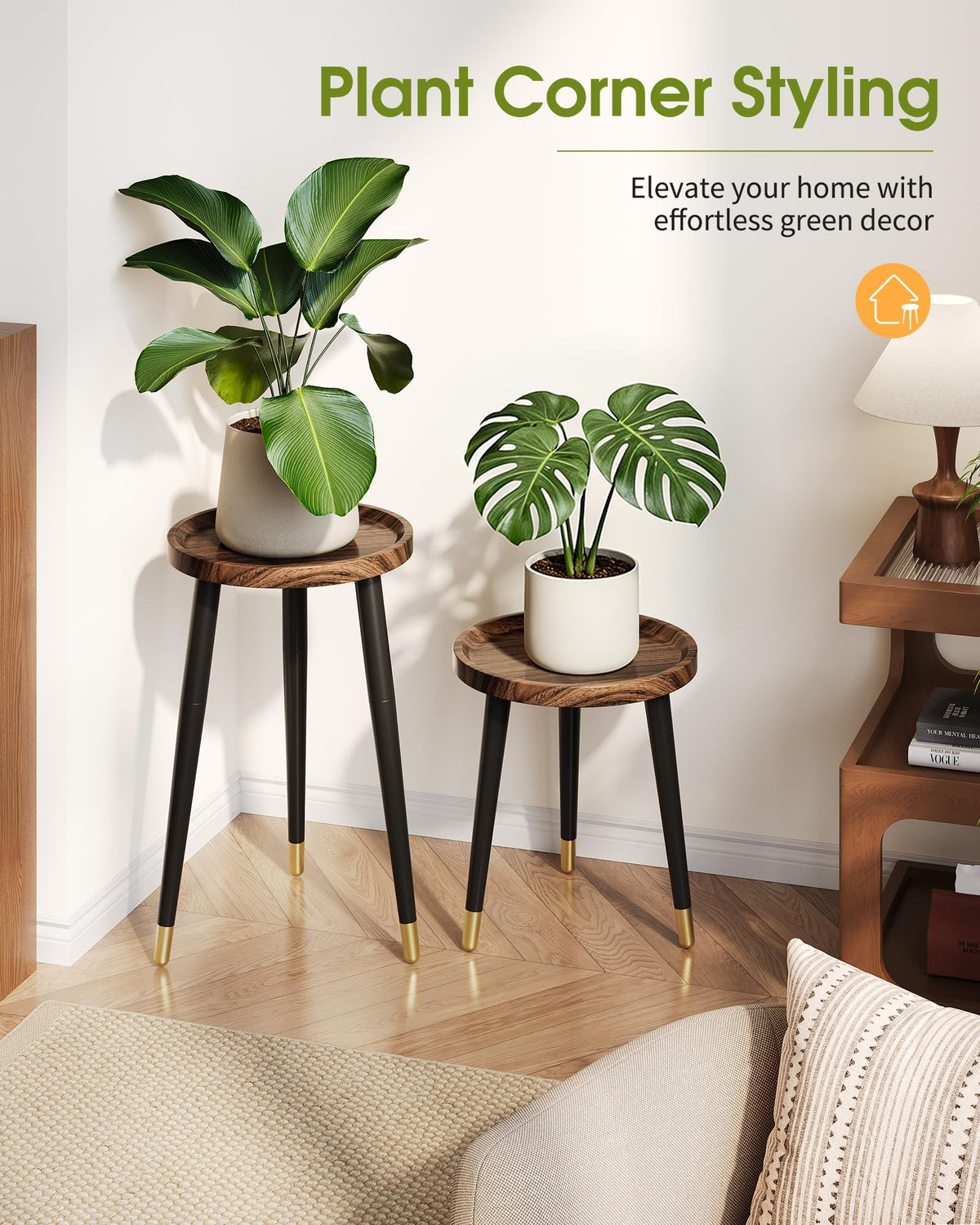AZADESJET Plant Stand Indoor 2 Pack, Mid Century Wood Indoor Plant Stands, Tall Plant Holder for Flower Pot, Modern Plant Table Round Side End Table With Raised Design, Walnut, 11.7"x18.8" & 11.7"x13"
