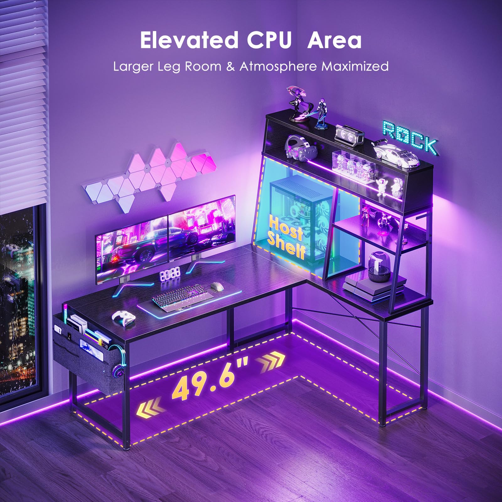 L-Shaped Gaming Desk with LED Lights & Display Shelves