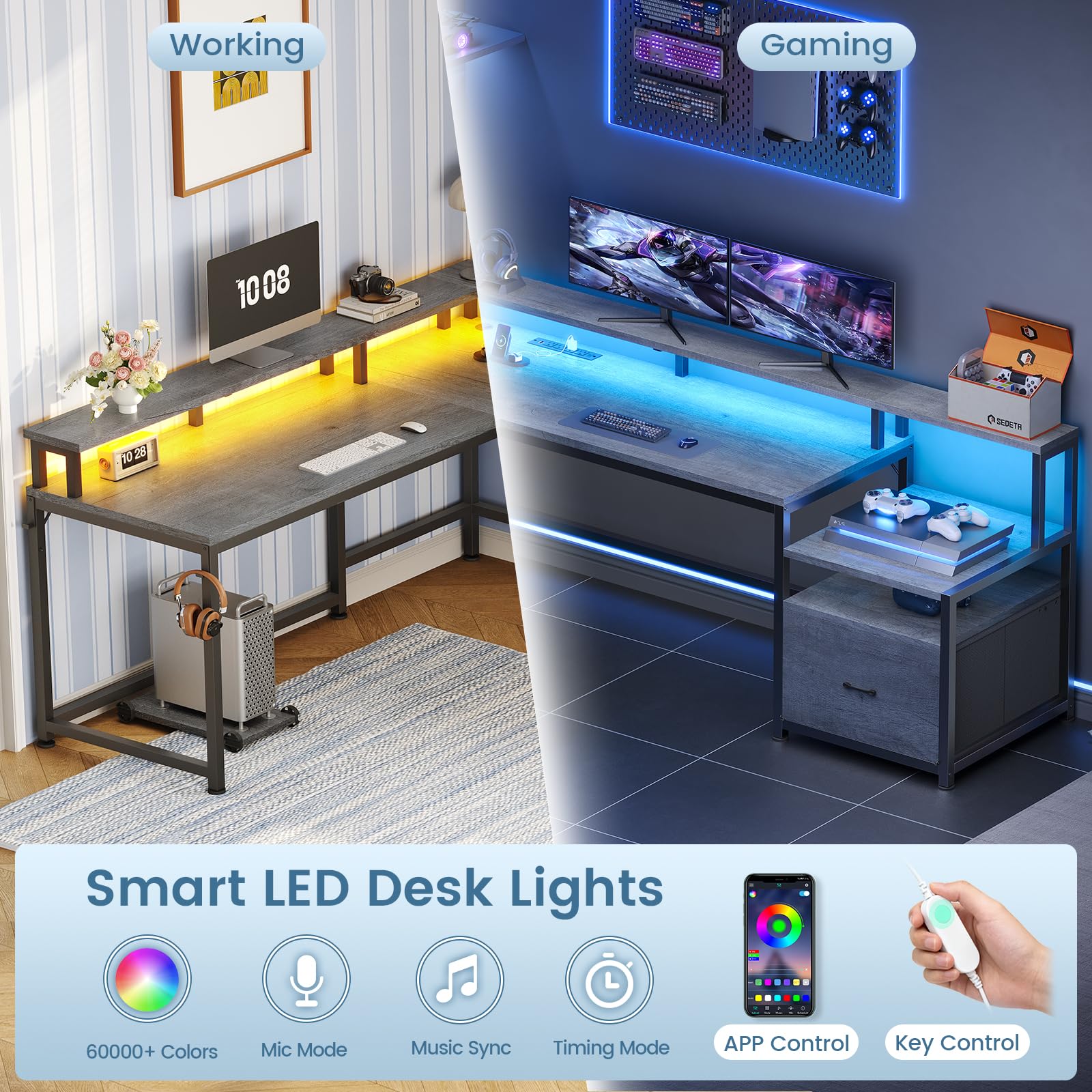 SEDETA L Shaped Desk, 66" Home Office Desk with File Drawer & Power Outlet, Gaming Desk with Led Lights, Corner Computer Desk with Monitor Shelf, Printer Storage Shelves, Two Person Desk, Grey