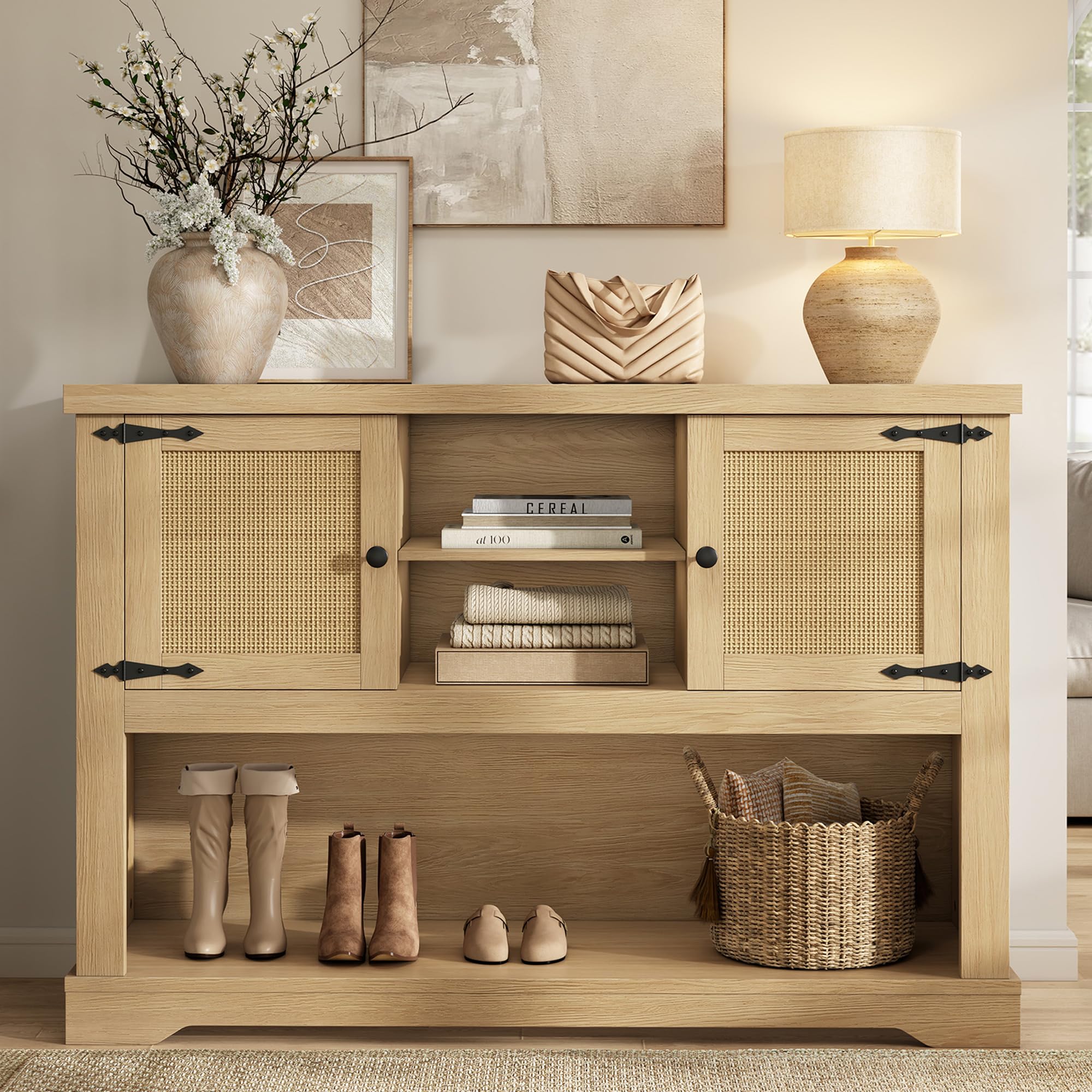 LIKIMIO Farmhouse Entryway Table with Power Outlets, 47.2" Rattan Console Table with Adjustable Storage Shelves & Rattan Doors Cabinet, Sofa Table for Entry, Living Room, Hallway, Natural