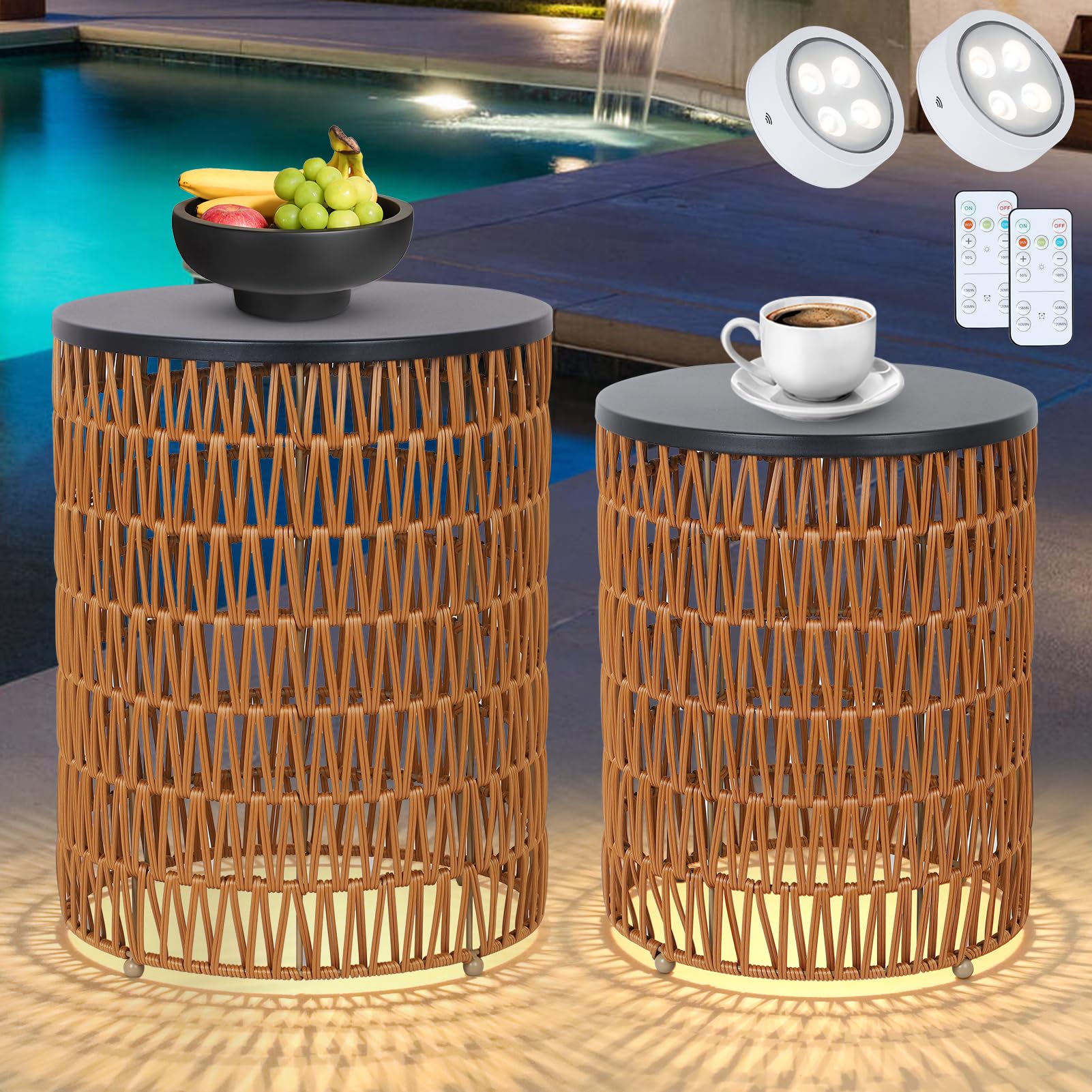 Boho Outdoor Side Table Set of 2 with Dimmable Light