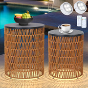 Boho Rattan Outdoor Side Table Set of 2 with Dimmable Light