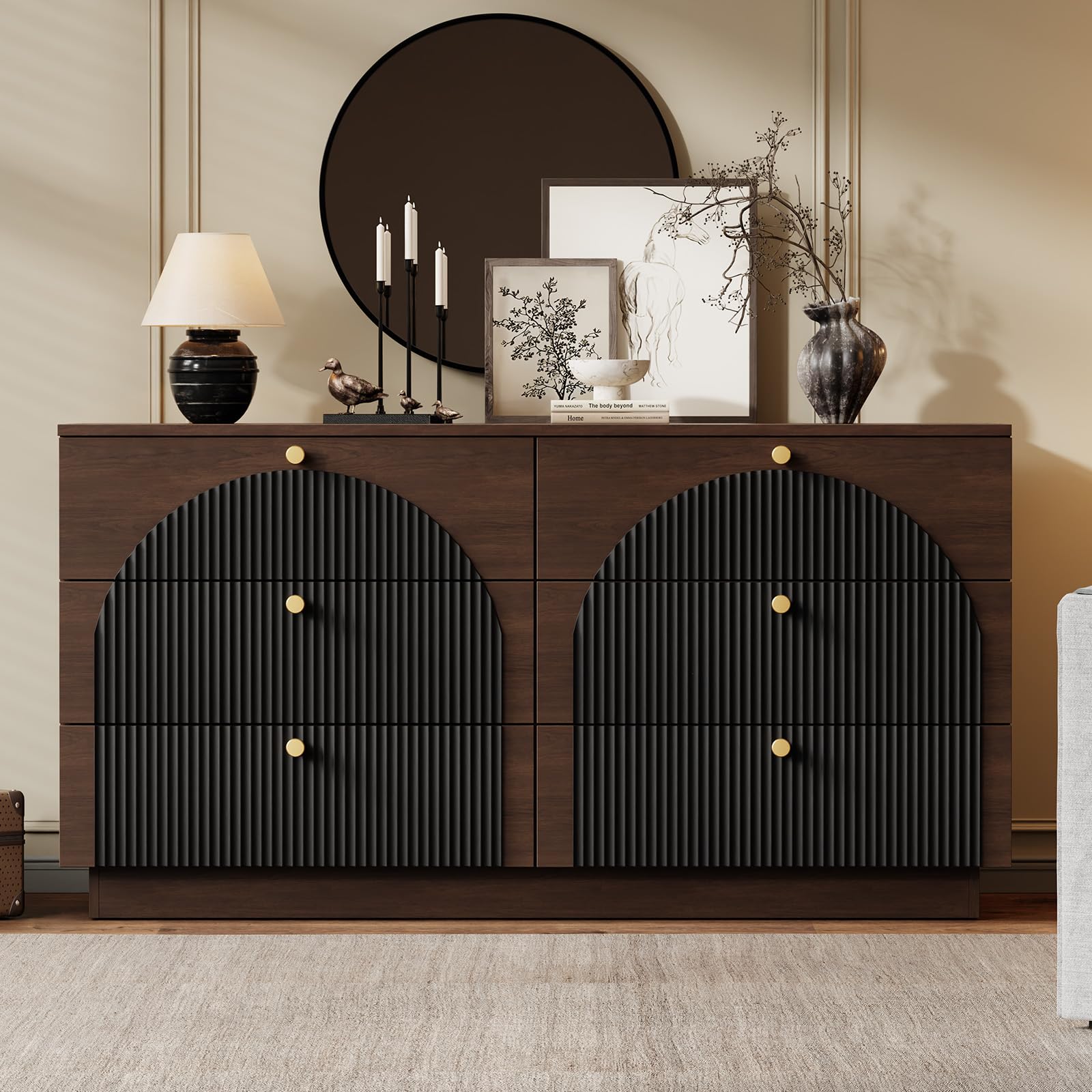 Arched Fluted Dresser for Bedroom with 6 Drawers, 55" Wide Large Wooden Storage Organizer Chest of Drawers, Mid Century Modern Wood Closet TV Stand for Bedroom,Living Room, Hallway, Walnut+Black