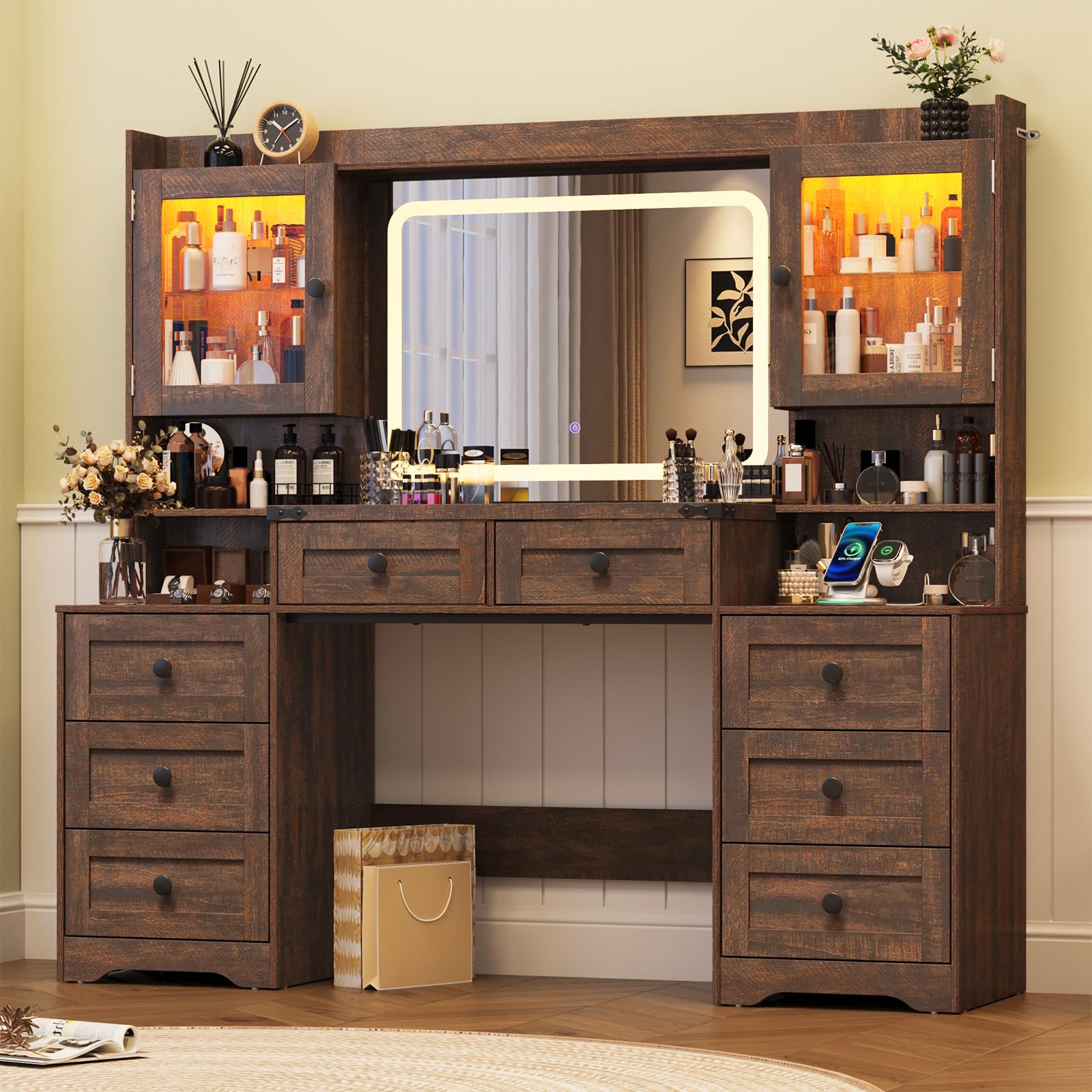 jiteentarou 60" Large Farmhouse Vanity Desk with LED Mirror, Lights and Charging Station, Glass Top Makeup Vanity Table w/8 Drawers, LED Glass Storage Cabinet, Dressing Table for Bedroom, Rustic Brown