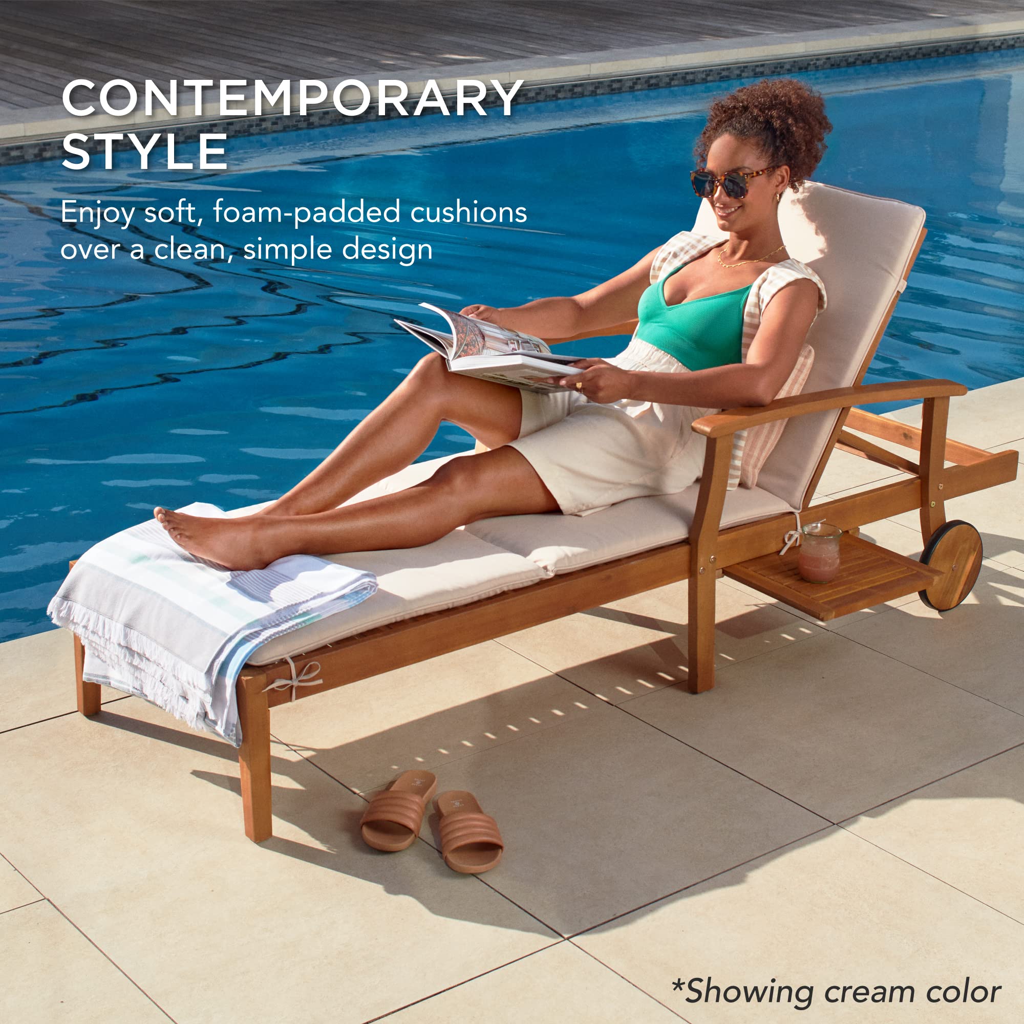Acacia Wood Outdoor Chaise Lounge Chair with Slide-Out Side Table