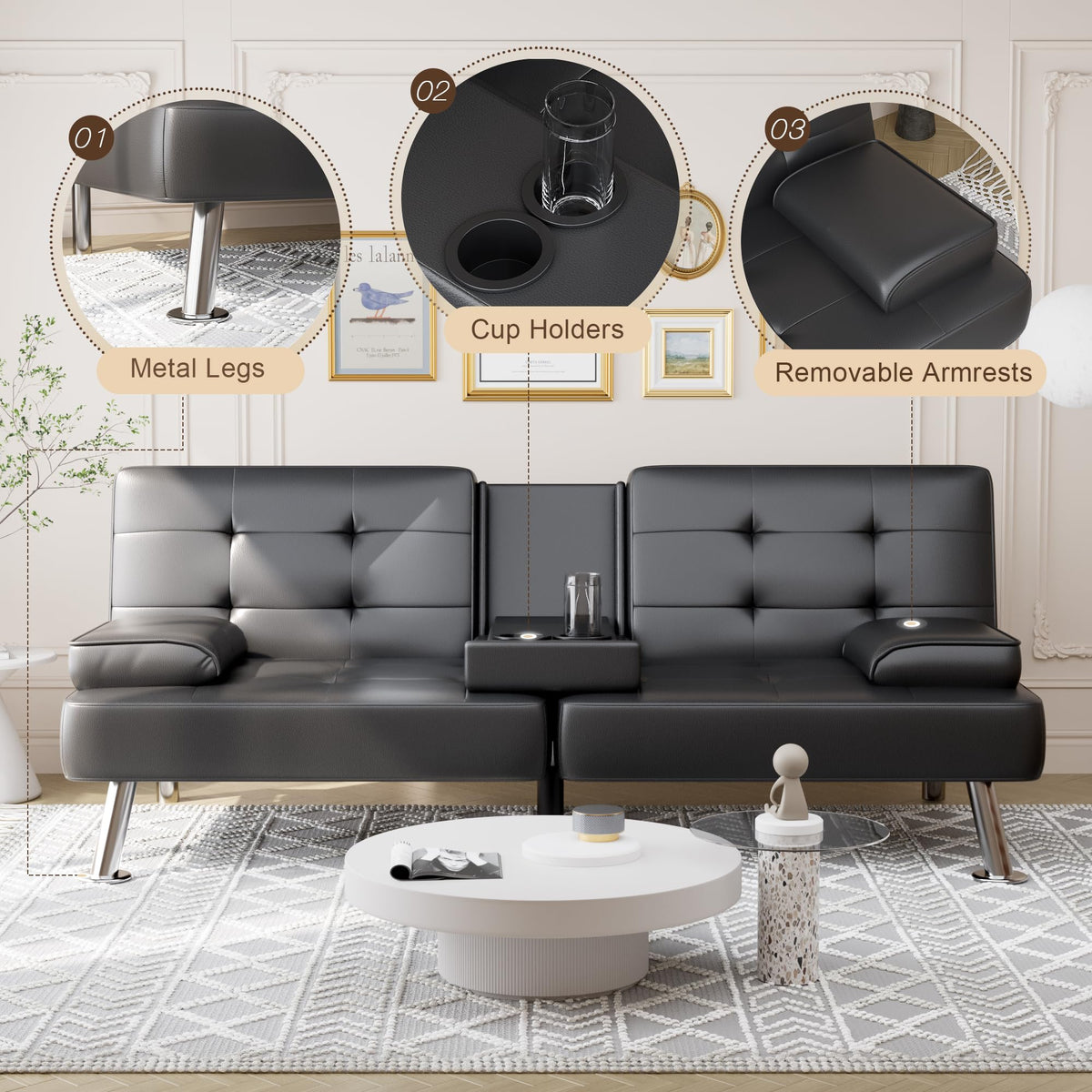 Faux Leather Convertible Futon Sofa Bed