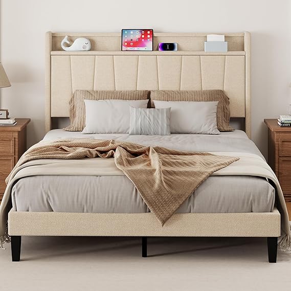 Upholstered Platform Bed Frame with Storage Headboard
