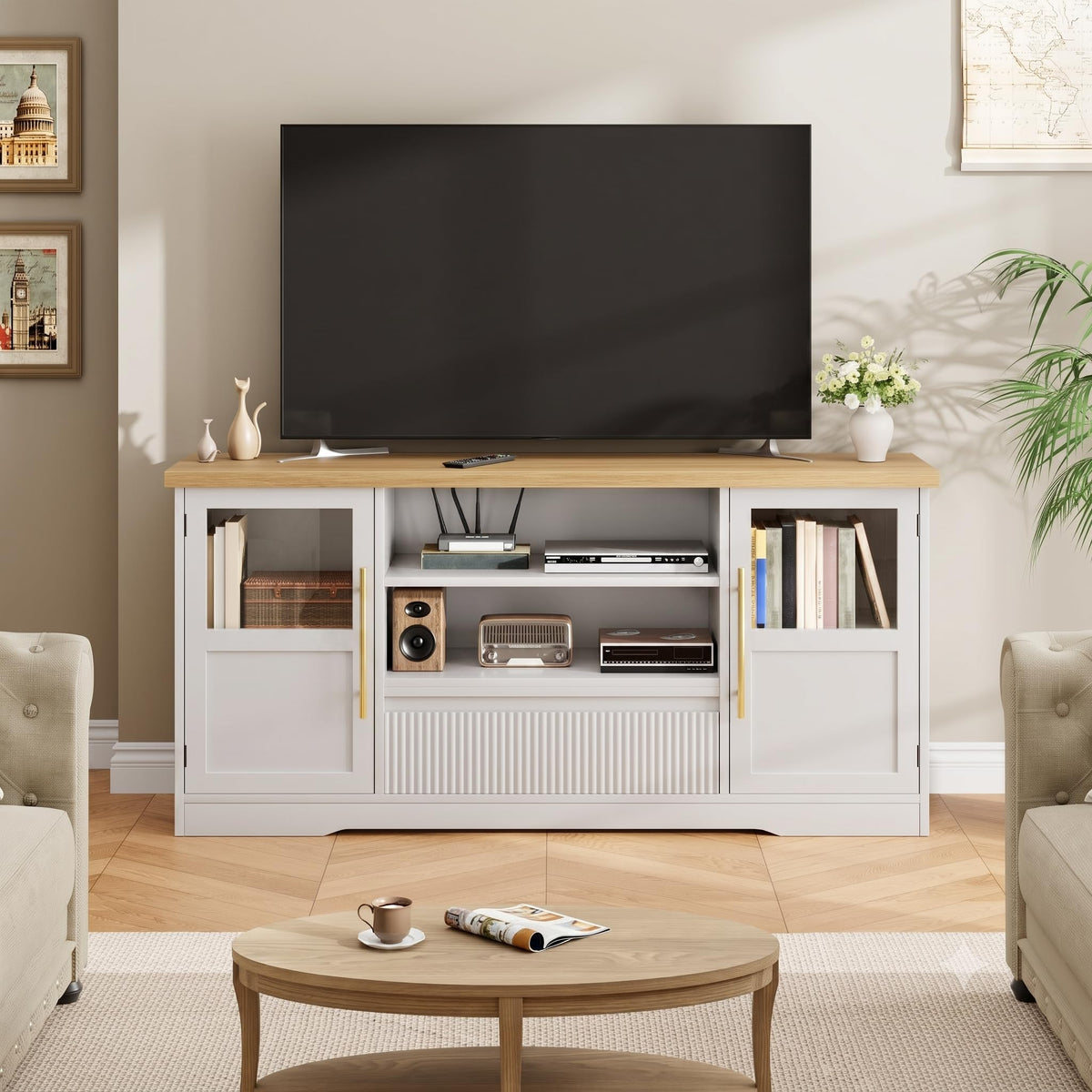 Garvee 63 in Farmhouse TV Stand for TVs Up to 72 in, Wave Pattern Entertainment Center with 2 Glass Door Cabinets & 2 Open Shelves, Sturdy Wood Media Console for Living Room, White & Natural