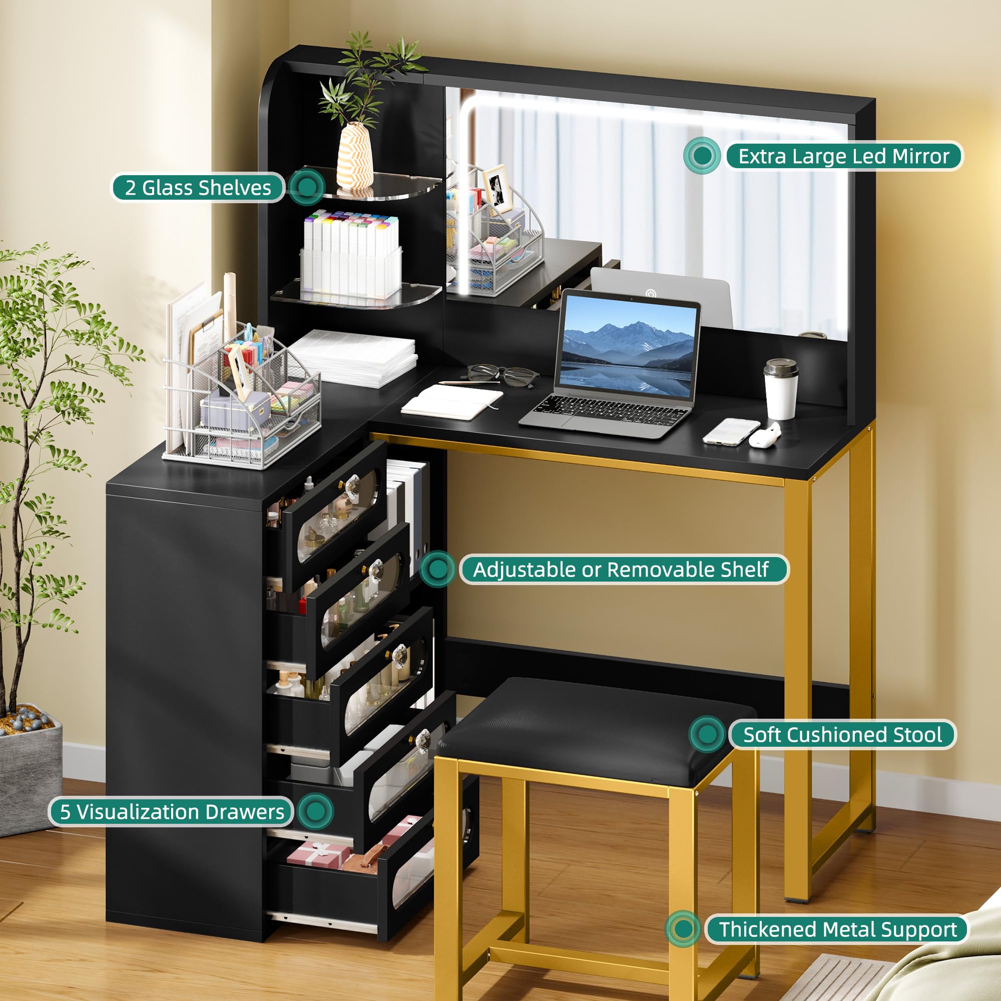 DWVO Vanity Desk with Light and Mirror, 3 Lighting Modes, L-Shaped Corner Vanity Table, 48" Large Dressing Table with 5 Tempered Glass Drawers with Open Storage Shelves