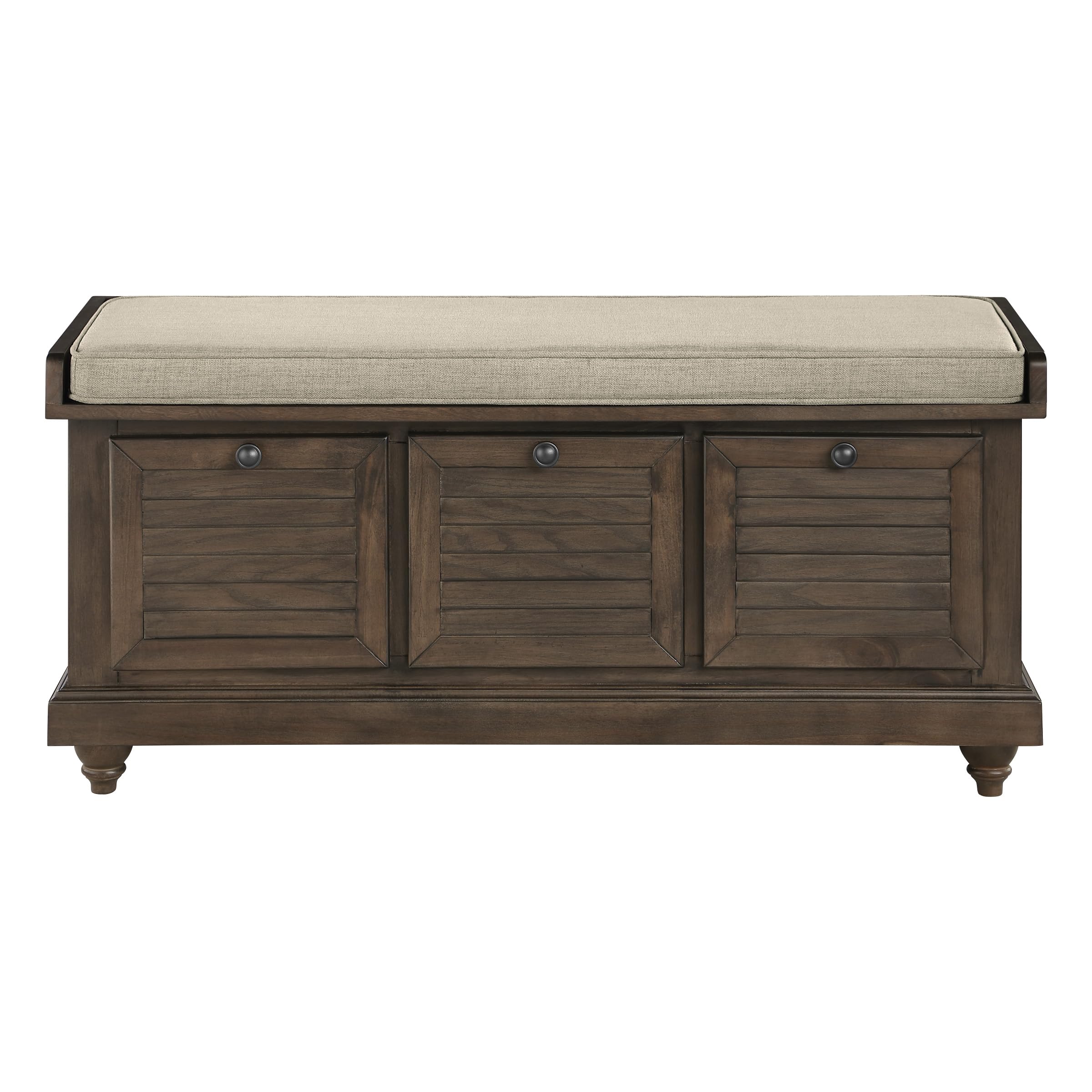 OSP Home Furnishings Dover Coastal Lift-Top Storage Bench with Shutter Face Styling, Dark Walnut Finish with Beige Fabric Cushion