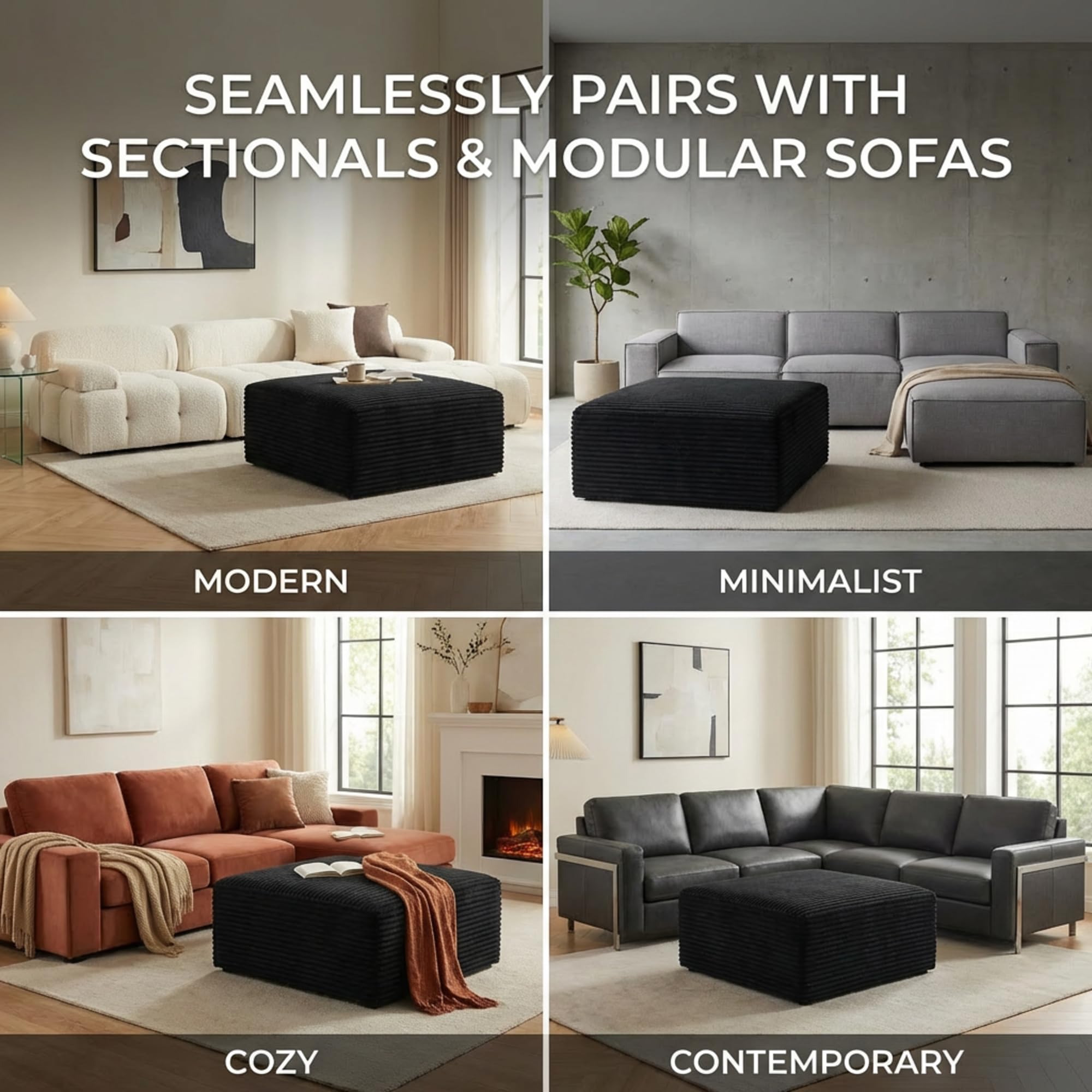NMXUXMN Oversized Boneless Ottoman for Living Room – Plush Square Corduroy Upholstered Couch Ottoman, Modern Low-Profile Footrest for Sectional & Modular Sofa-Black