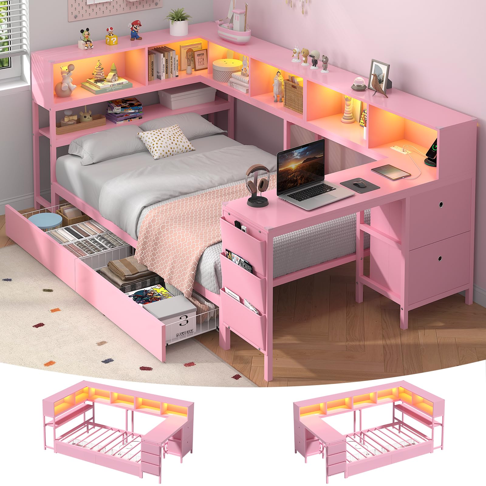 Hasuit Twin Corner Bed with Desk and Storage Bookcase, Daybed with 2 Drawers & 2 Storage Bins, Twin Size Platform Bed Frame with Charging Station and LED Light, Modern Teenagers Bedframe, Pink