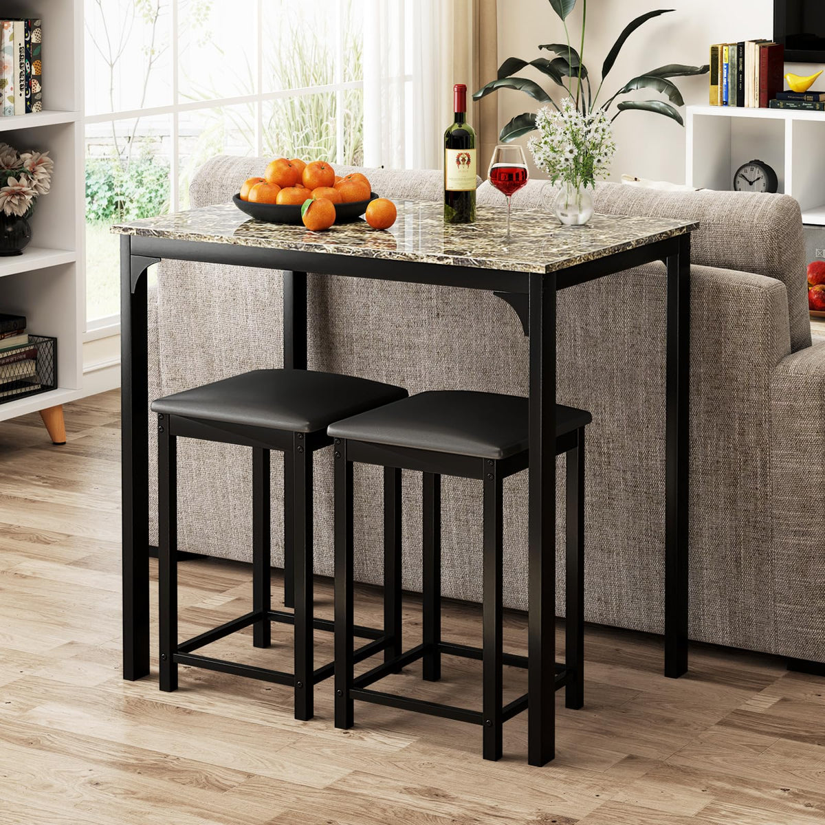 GIANTEX Dining Table Set for 2, Counter Height Bar Table with Faux Marble Pattern Tabletop, 2 Padded Bar Stools, Footrests, Metal Frame, Dinette Set for Kitchen Small Space Breakfast Nook Pub, Brown