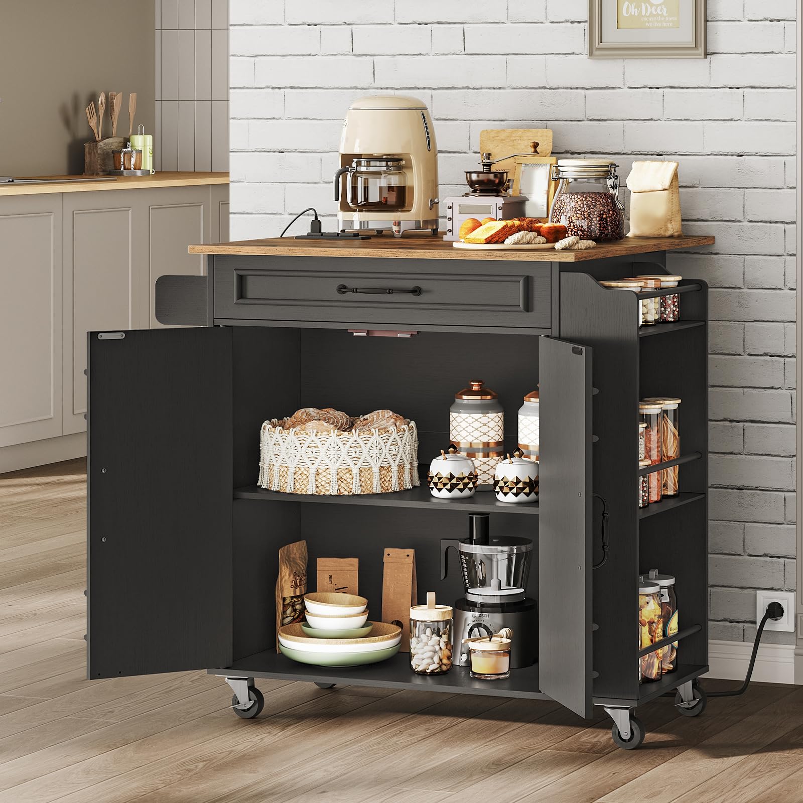 RALGEND Kitchen Island with Power Outlets & Drop Leaf, Rolling Kitchen Cart on Wheels, Kitchen Storage Island with Spice Rack and Drawer for Kitchen, Dinning Room, Black and Rustic Brown