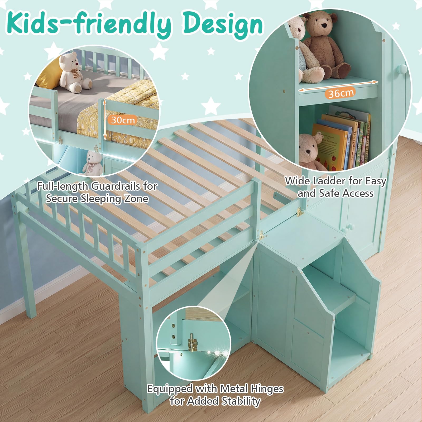 Giantex Low Loft Bed Twin Size with LED Lights, Wooden Bed Frame w/Stairs, Safety Guardrails, Storage Cabinet, Bookshelf & Under-Bed Play Space, Modern Kids Loft Bed for Boys Girls (Mint Green)