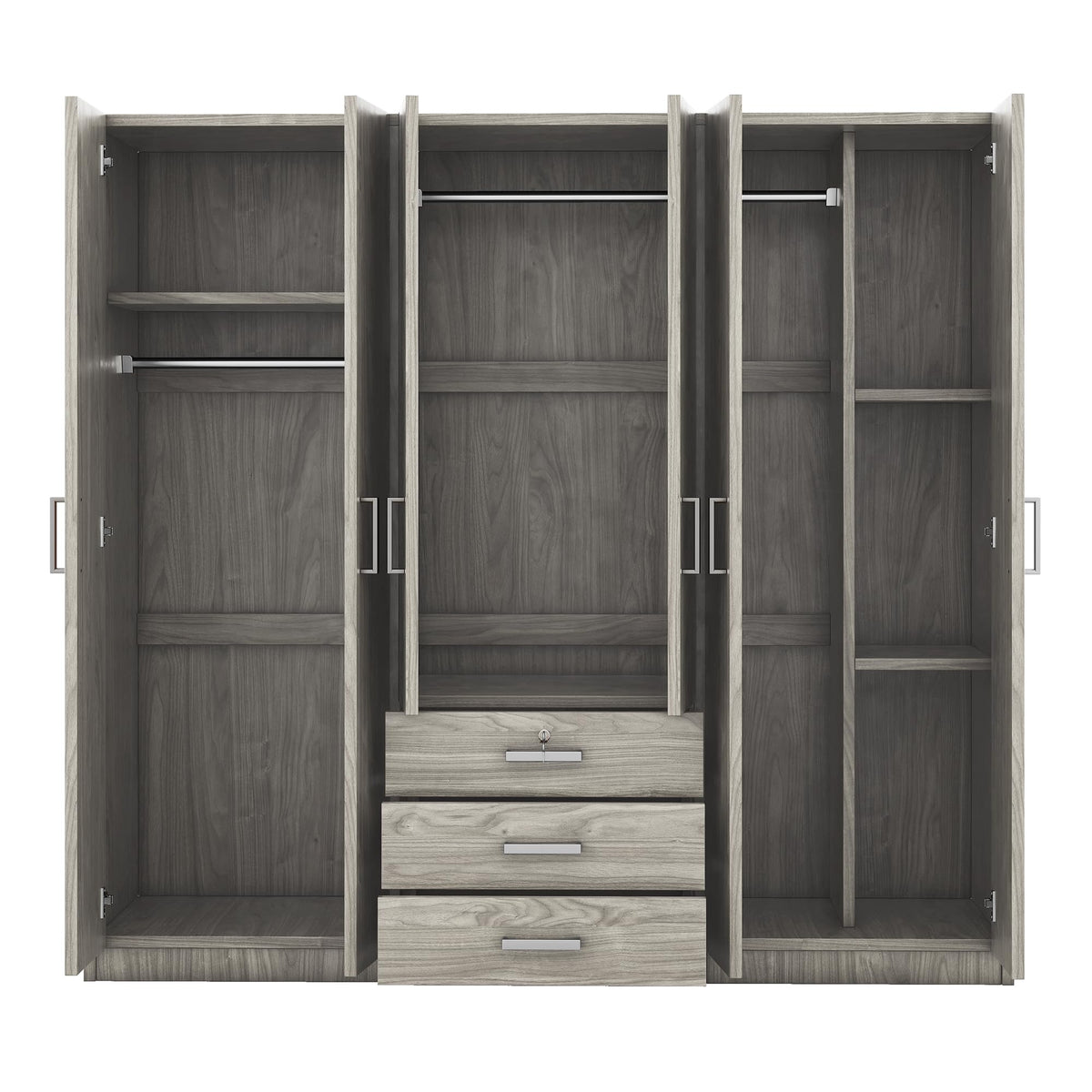 Merax Large 6 Doors Wooden Wardrobe, Bedroom Tall Armoire Closet Organizer with Big Drawers, Hanging Rails and Shelves, Clothes Storage Cabinet for Garage & Laundry Room, Grey