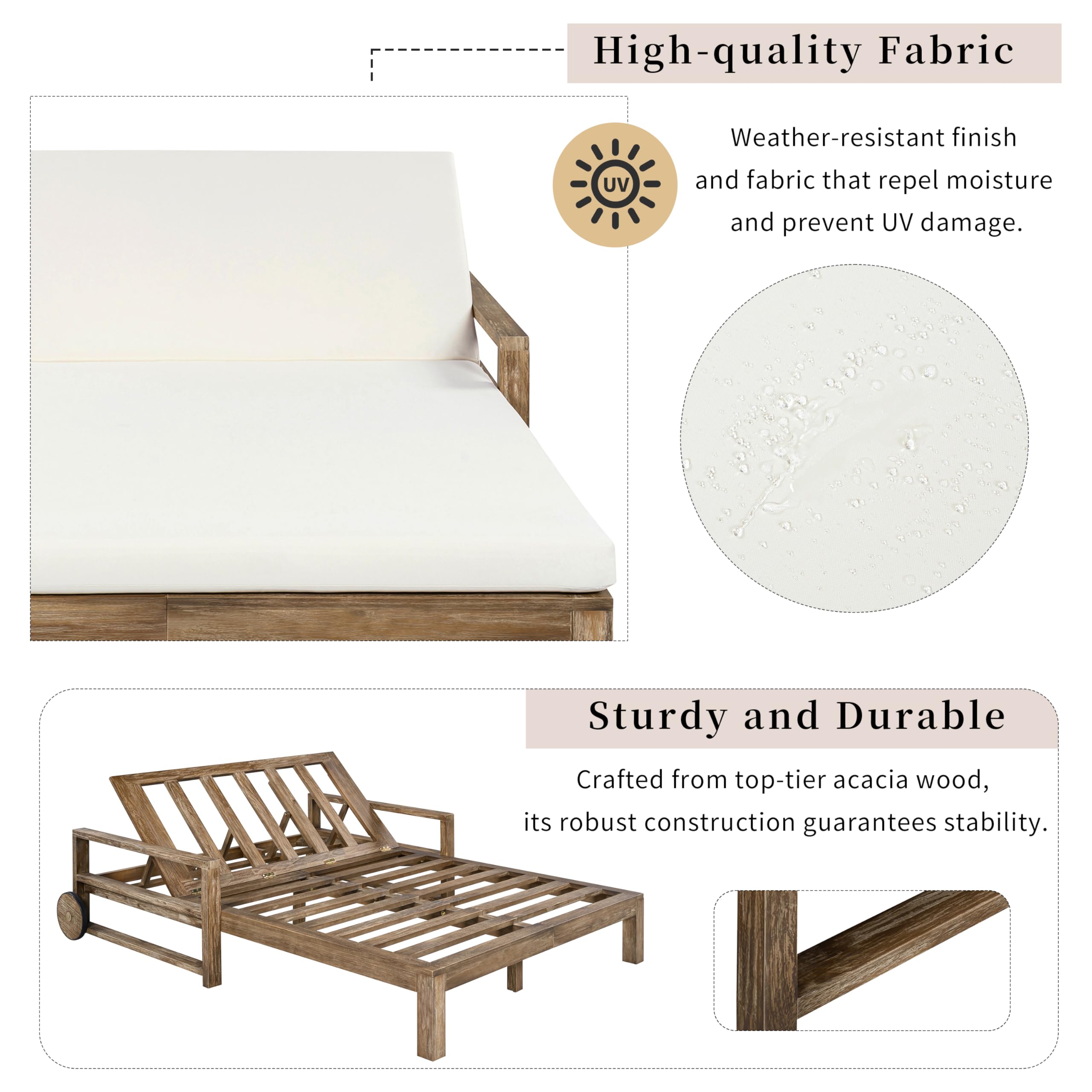 Merax Acacia Wood Outdoor Daybed Sofa, Farmhouse Patio Sun Lounger with Adjustable Backrest, High-Density Cushions & Removable Wheels, Weather Resistant for Garden, Poolside, Backyard, Beige