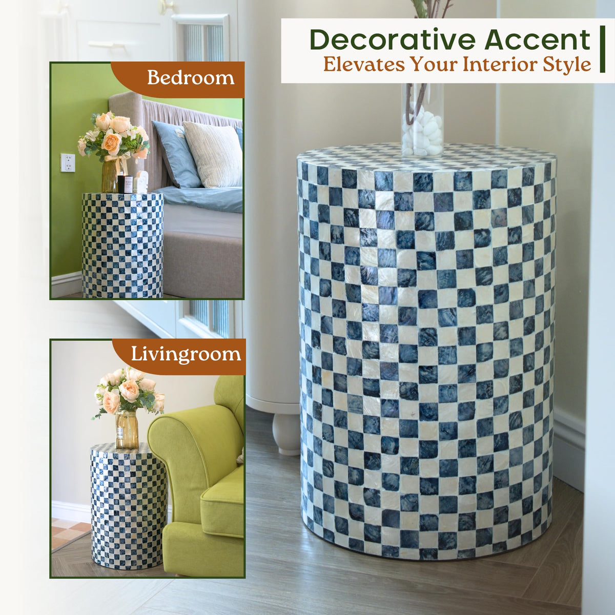 Checkered Capiz Drum Side Table