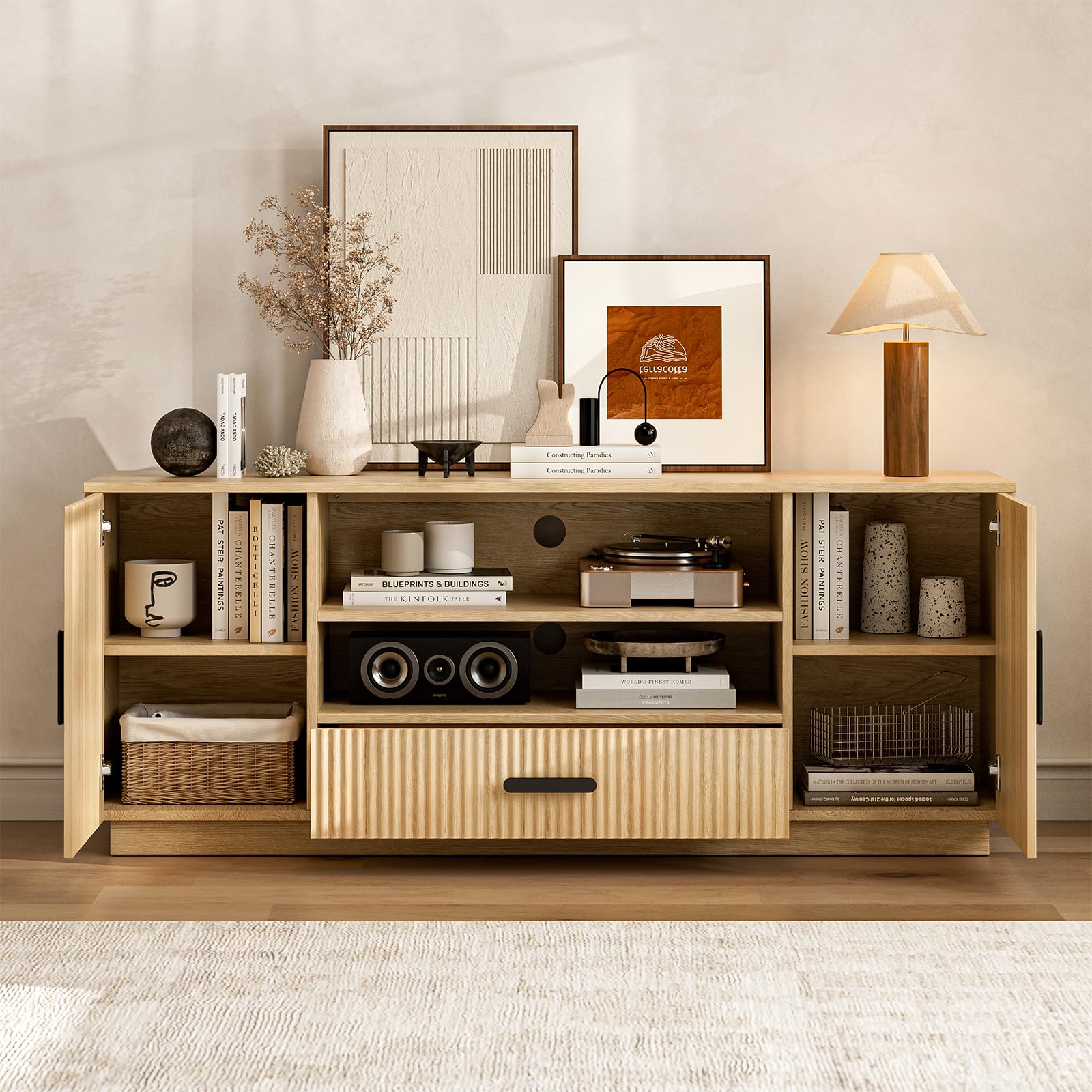 Fluted TV Stand with Storage Cabinets & Drawer, Fits TVs Up to 70"