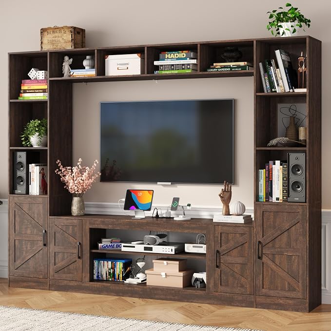 103" TV Stand for TVs up to 75", Wall Unit Multifunctional Entertainment Center with Storage & Bookshelves for Living Room, Farmhouse TV Cabinet with Power Outlets, Media Cabinet with Storage Shelves
