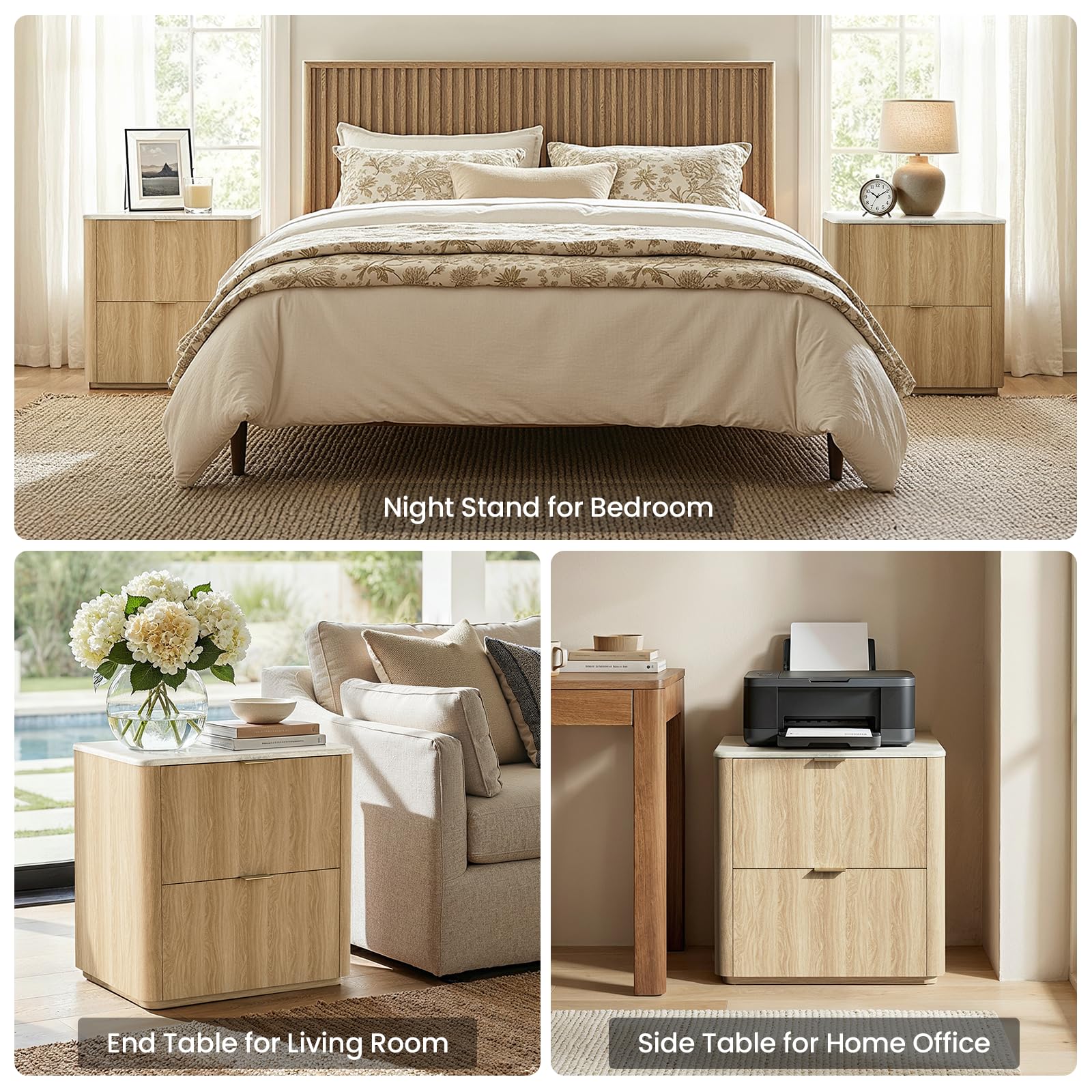 Nightstand Set of 2 with Drawers, Faux Travertine Top